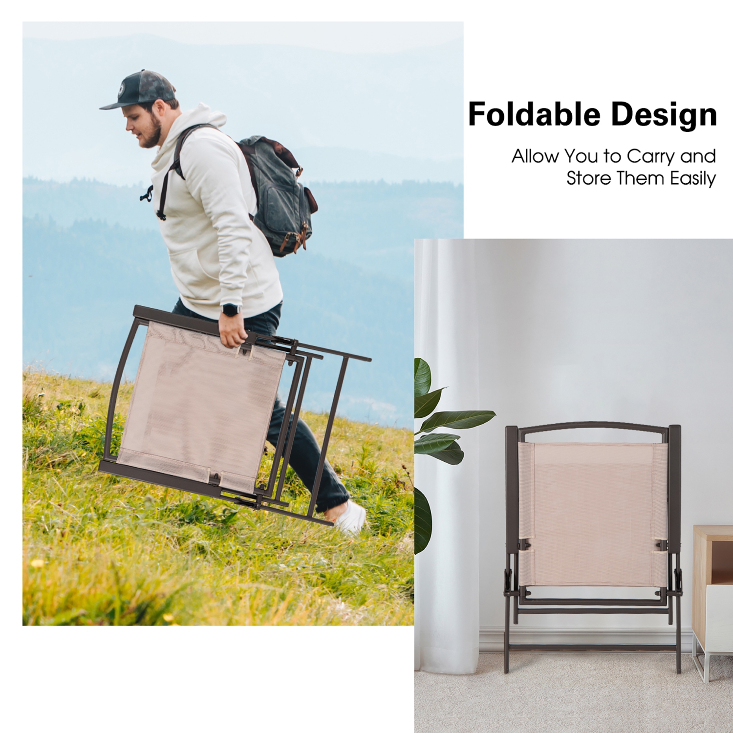 Costway 2 pcs Patio Folding Sling Dining Chairs Armrests Steel Frame Outdoor