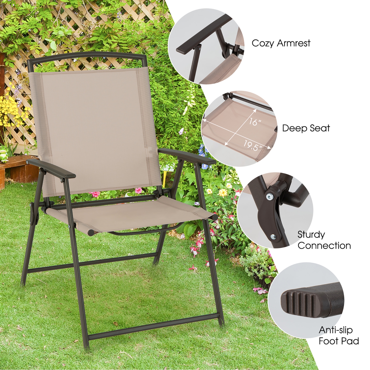 Costway 4 pcs Patio Folding Sling Dining Chairs Armrests Steel Frame Outdoor