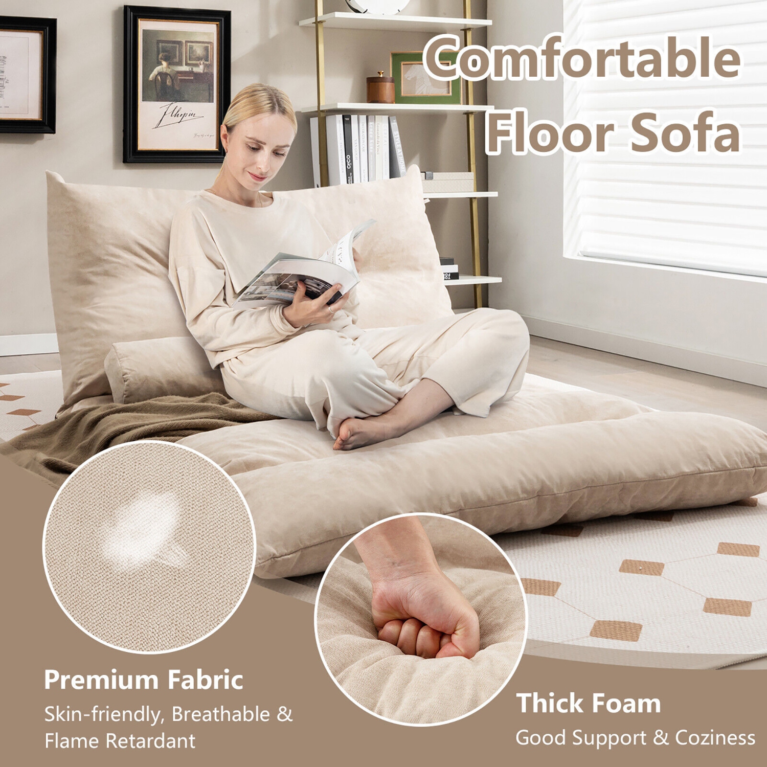 Sofa-lit transformable Lazy de Costway avec dossier ajustable à 42 niveaux et 2 coussins lombaires