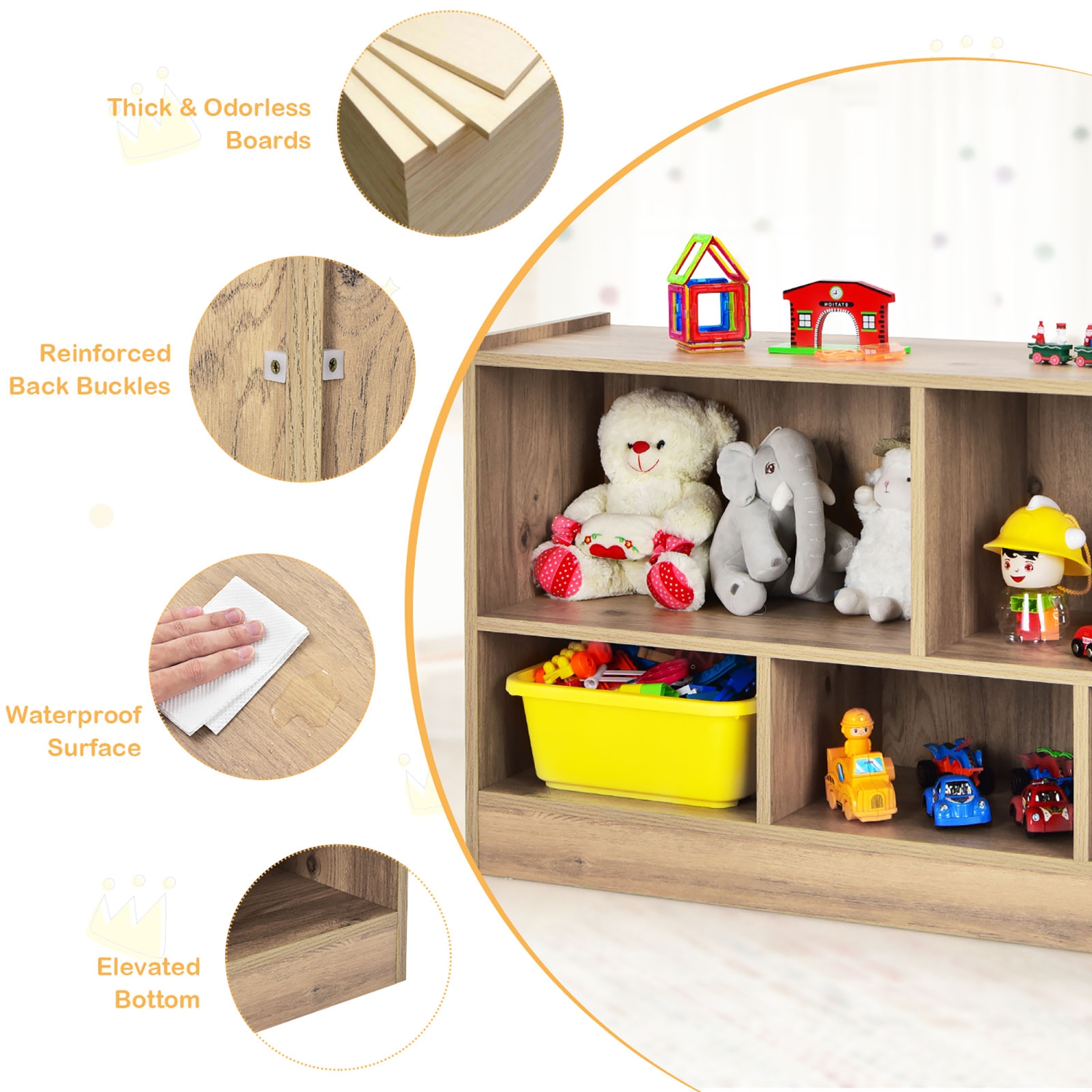 Costway Kids 2-Shelf Bookcase 5-Cube Wood Toy Storage Cabinet Organizer