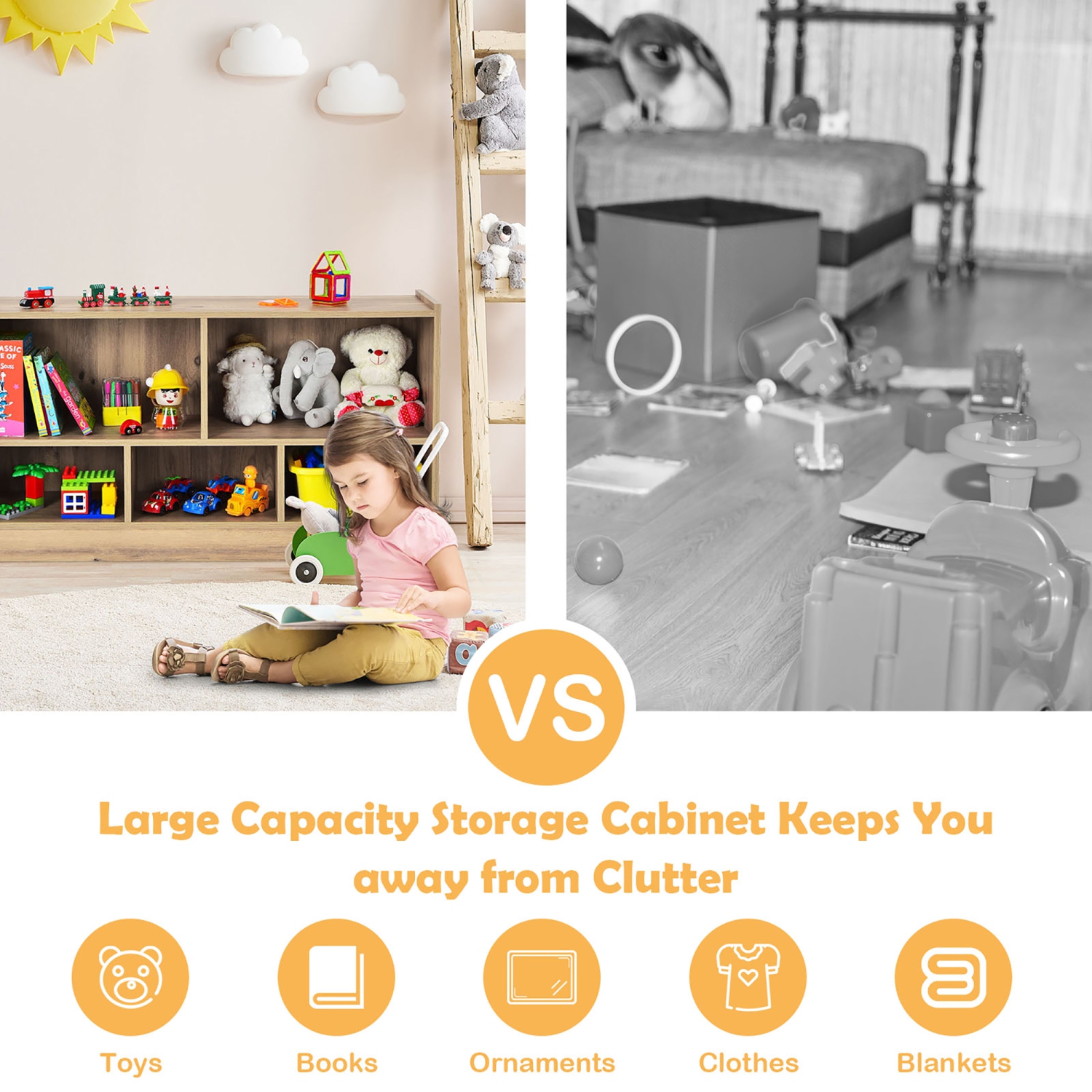 Costway Kids 2-Shelf Bookcase 5-Cube Wood Toy Storage Cabinet Organizer