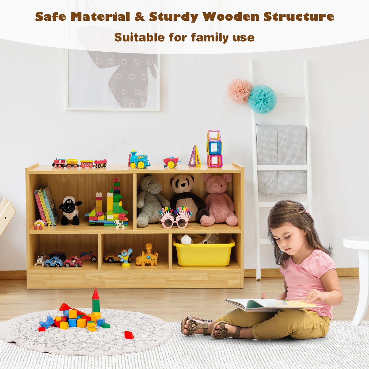 Costway Kids 2-Shelf Bookcase 5-Cube Wood Toy Storage Cabinet Organizer
