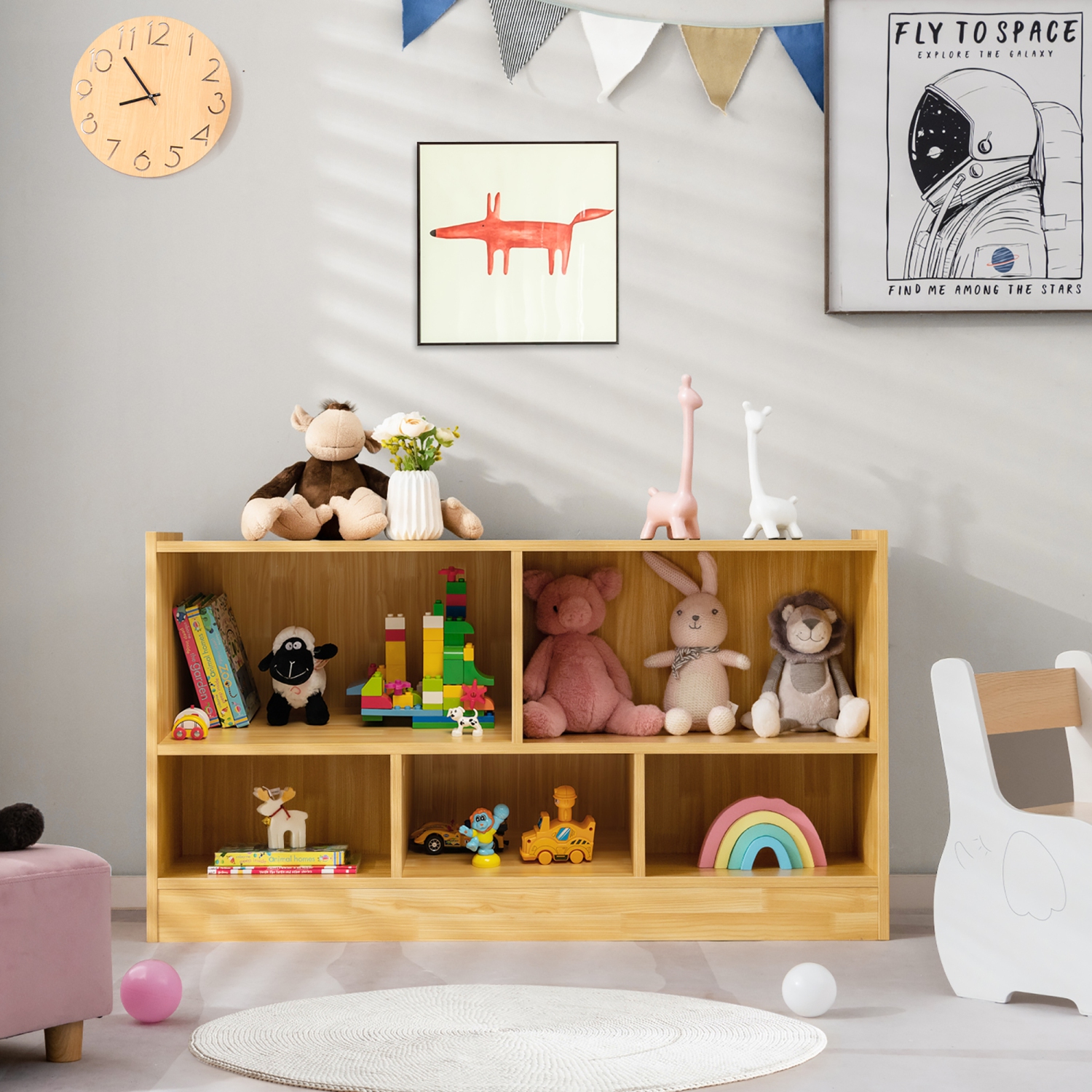 Costway Kids 2-Shelf Bookcase 5-Cube Wood Toy Storage Cabinet Organizer