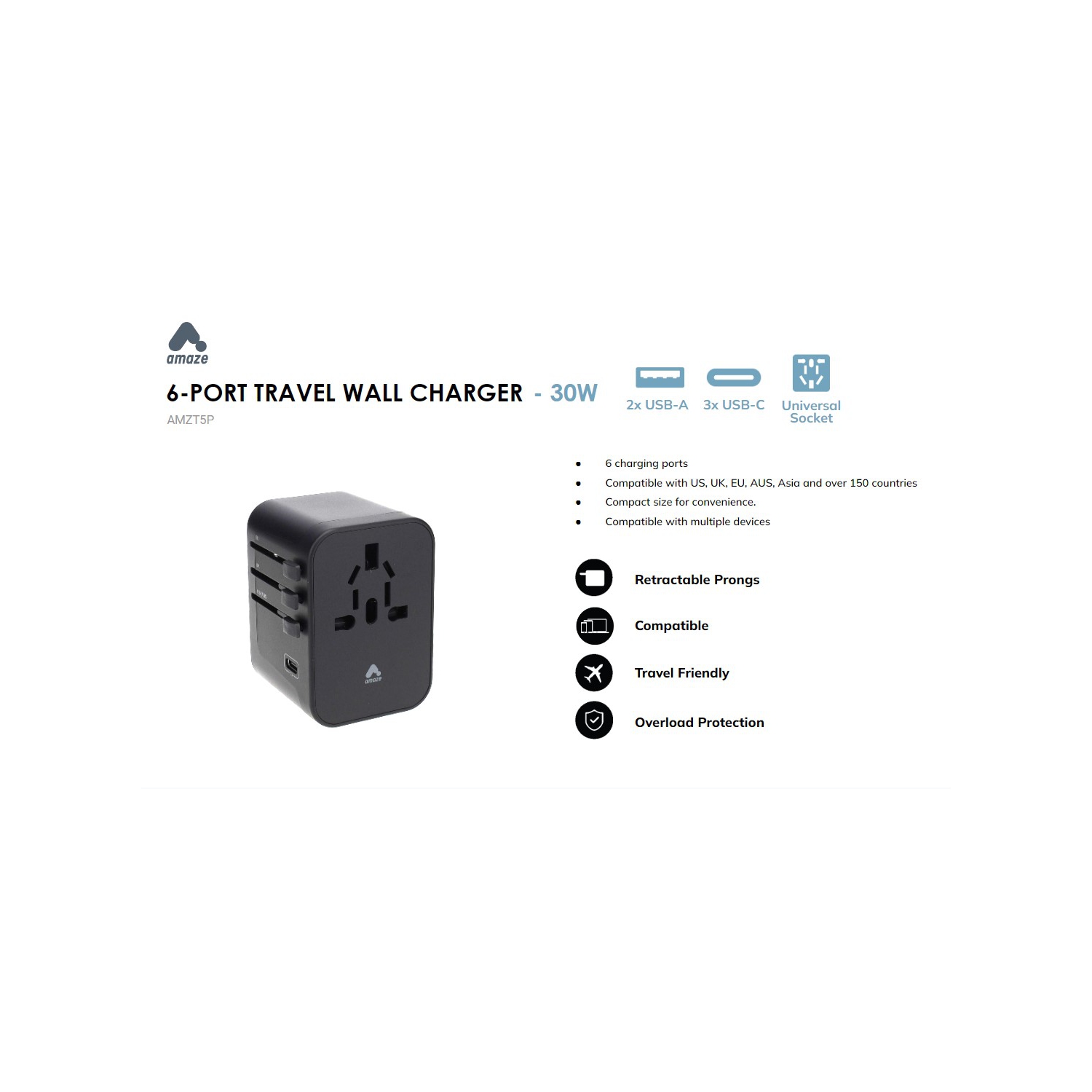 Amaze 6-port International Travel Wall Charger