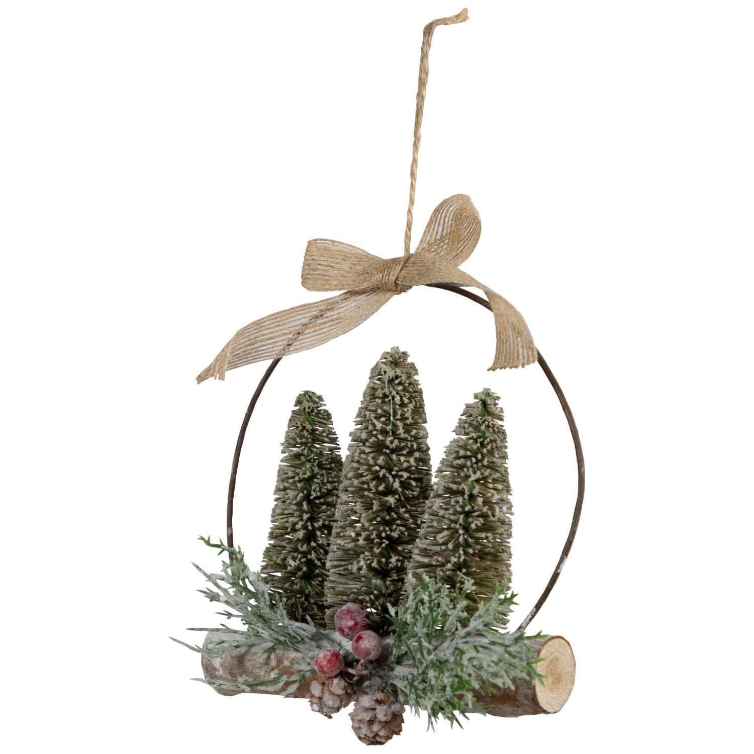 Flocked Bottle Brush Trees with Wooden Log Christmas Ornament - 7"