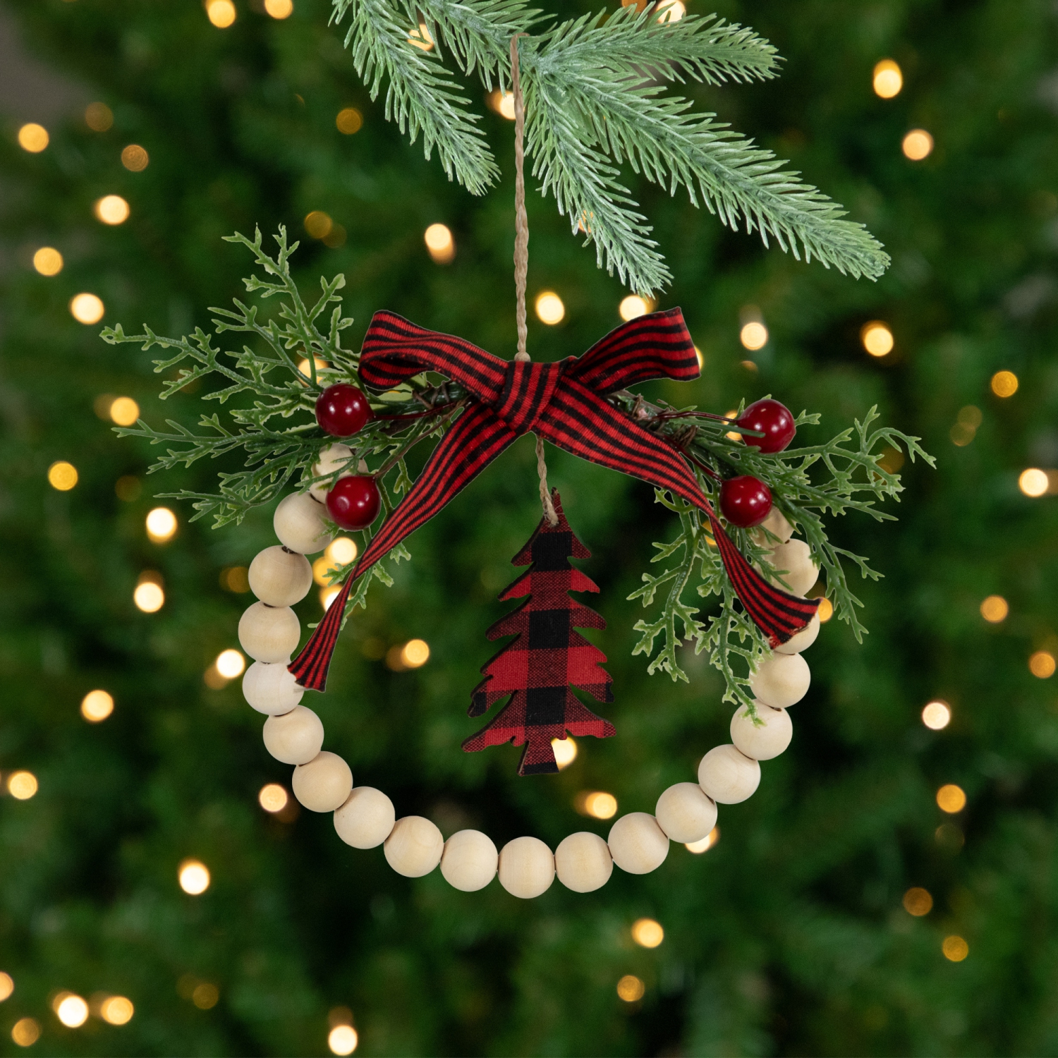 Buffalo Plaid Tree and Bow Wooden Beaded Christmas Wreath Ornament - 5.5"