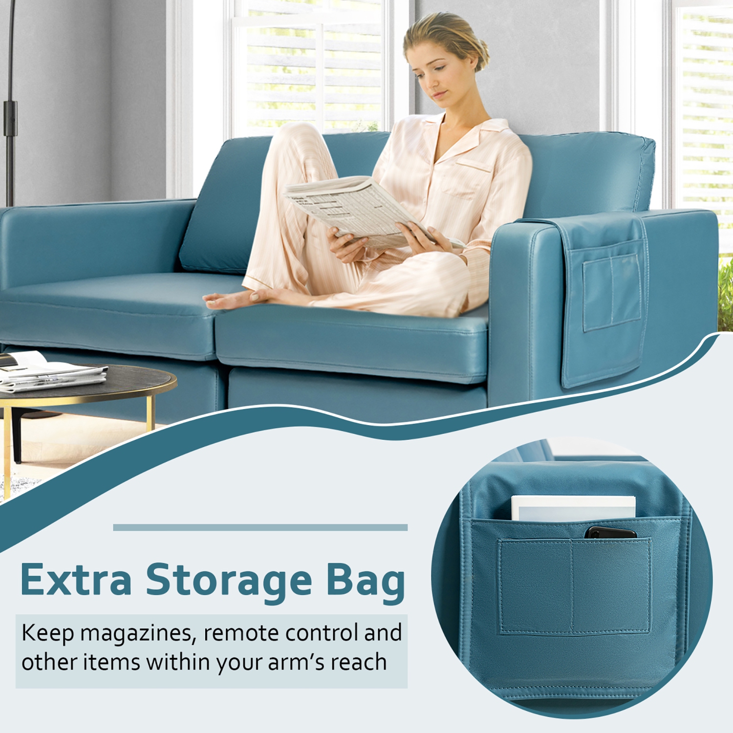 Sofa moderne à 2 sièges en tissu Leathaire avec pochette de rangement latérale de Costway