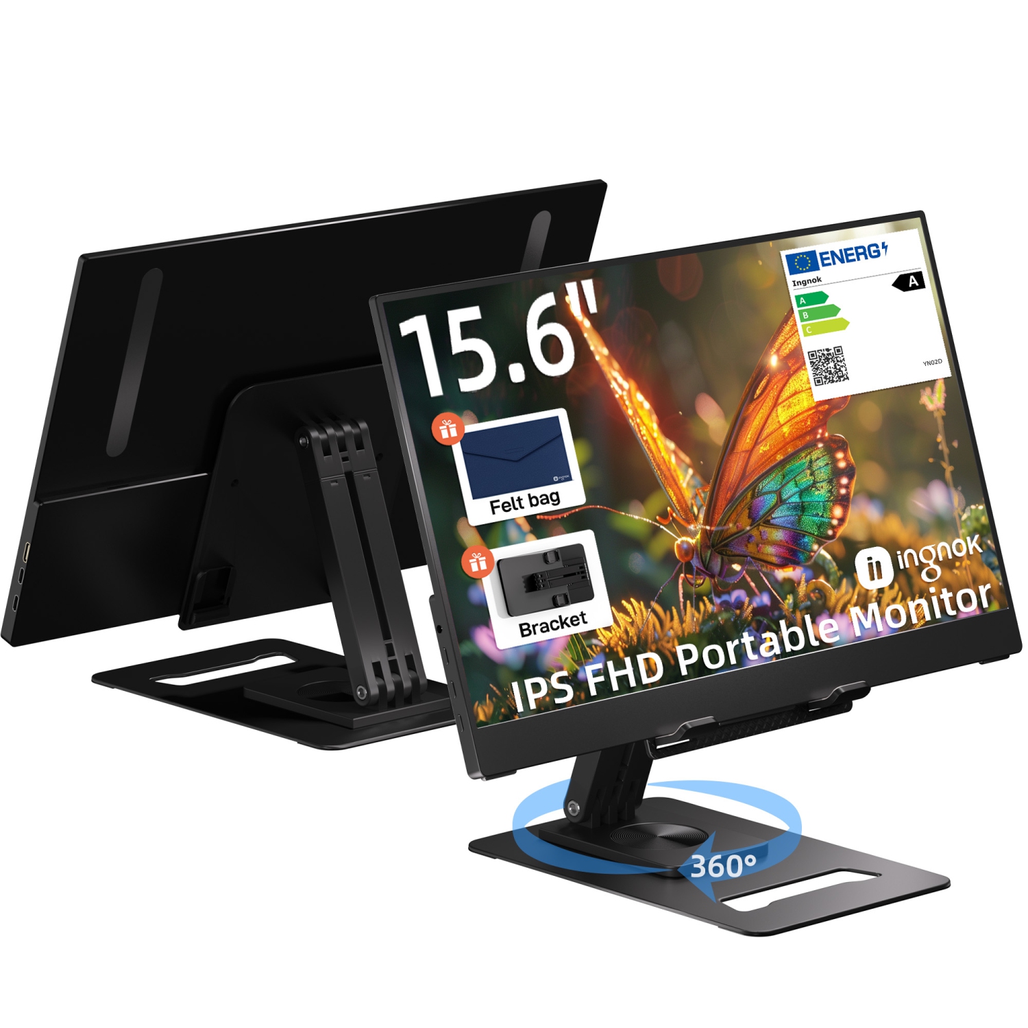 Ingnok Portable Monitor, 15.6" FHD 1080P IPS Laptop Screen Extender with 1200:1 Contrast, USB C HDMI & Adjustable Stand, Portable Monitor for Laptop Mac PC Phone PS5/PS4 Switch