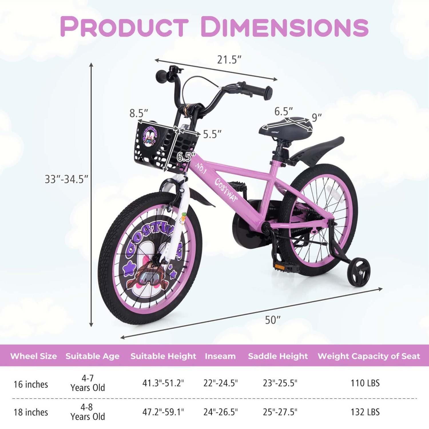 Costway 18" Kid's Bike for 4-8 with Height-Adjustable Handlebar & Saddle Handbrake