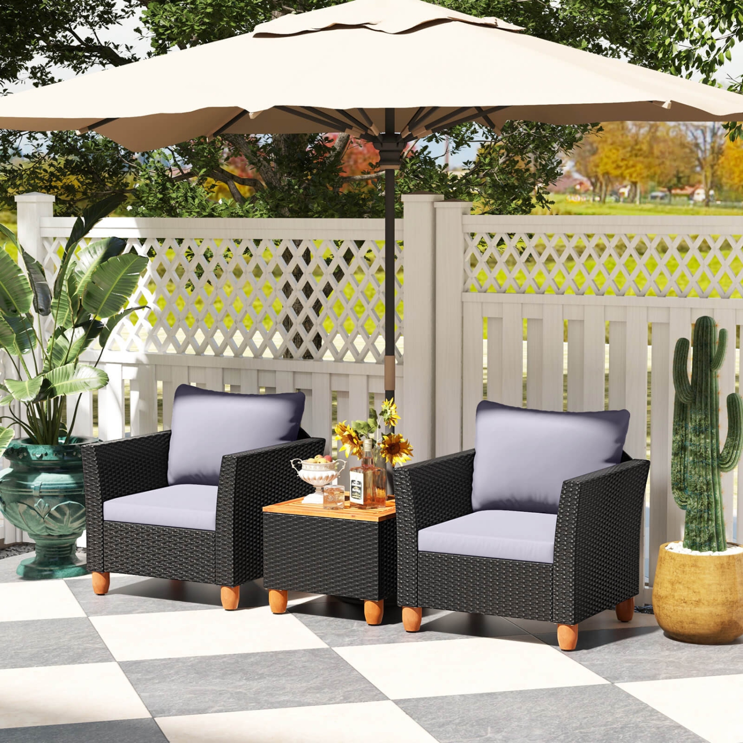 Costway 3PCS Patio Rattan Furniture Set Cushioned Sofa Storage Table with Wood Top