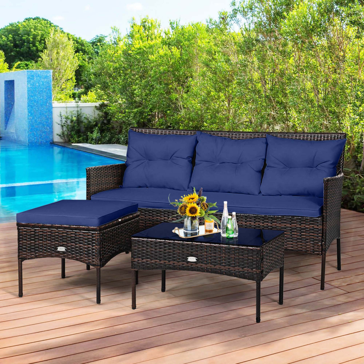 Costway 3PCS Patio Rattan Furniture Set 3-Seat Sofa Cushioned Table Garden