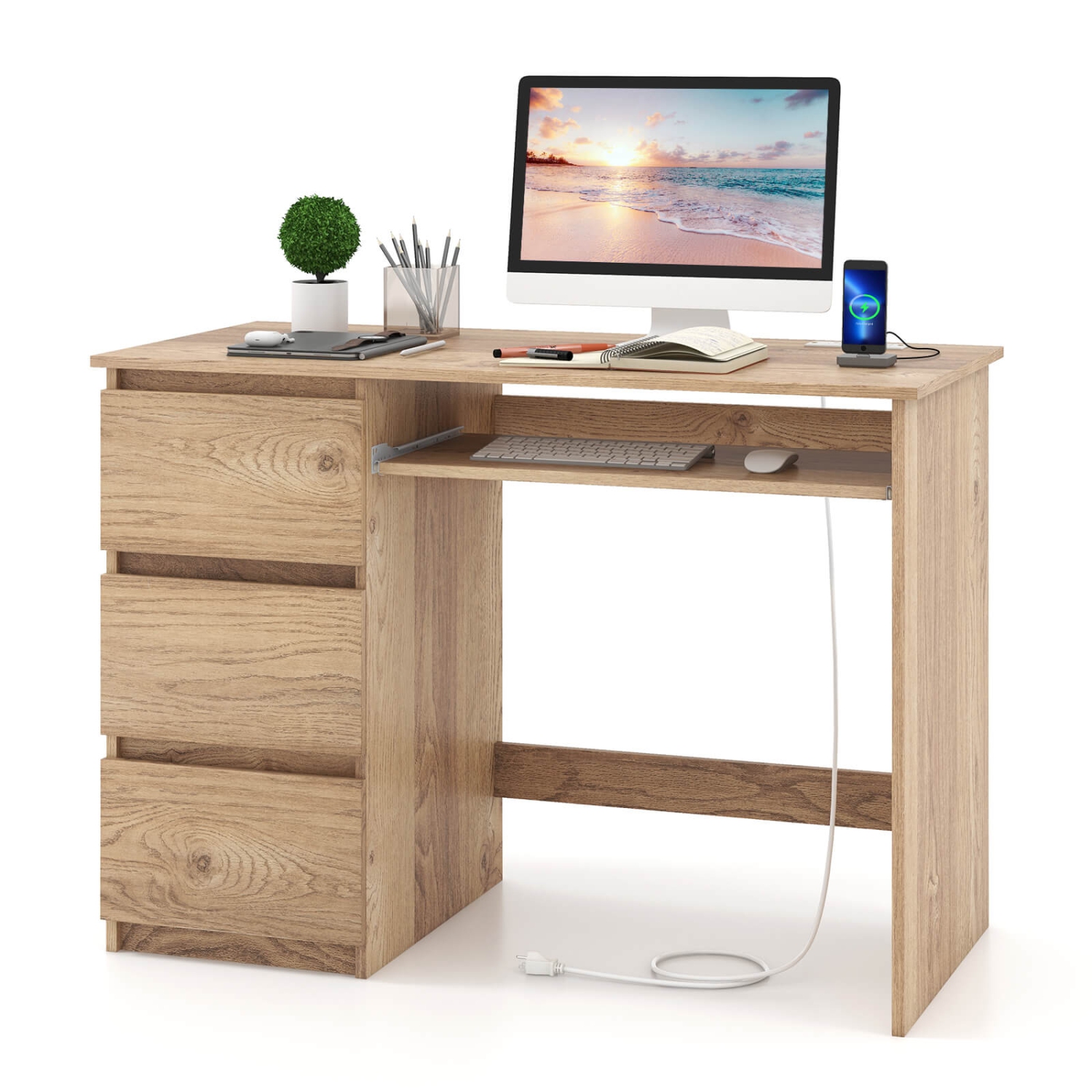 Costway Computer Desk with Power Outlet Keyboard Tray & 3 Large Drawers Type-C & USB Ports