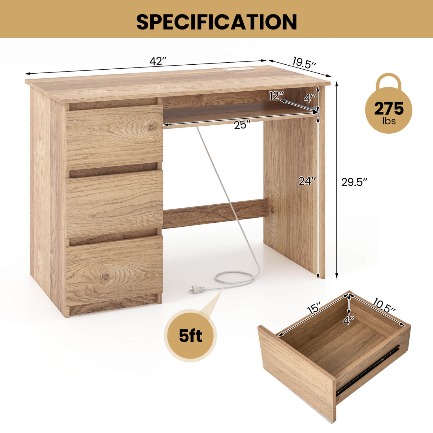 Costway Computer Desk with Power Outlet Keyboard Tray & 3 Large Drawers Type-C & USB Ports
