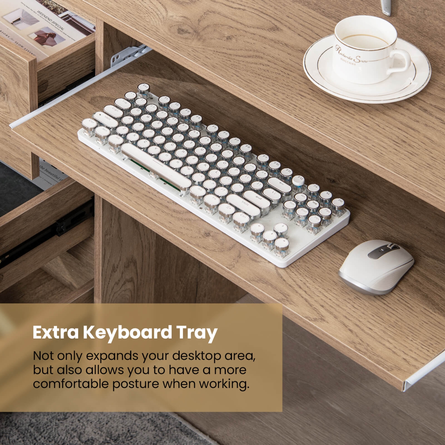 Costway Computer Desk with Power Outlet Keyboard Tray & 3 Large Drawers Type-C & USB Ports