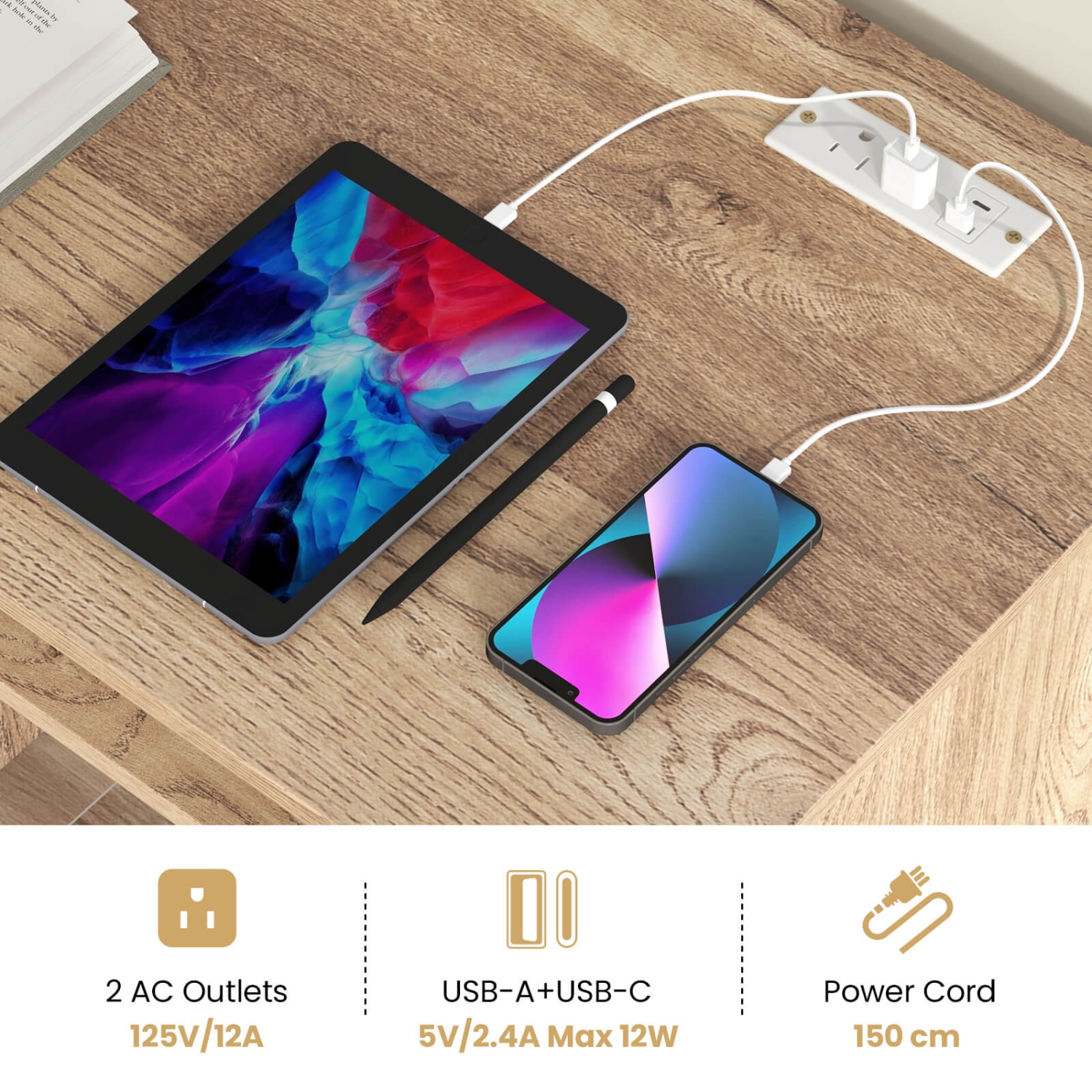 Costway Computer Desk with Power Outlet Keyboard Tray & 3 Large Drawers Type-C & USB Ports