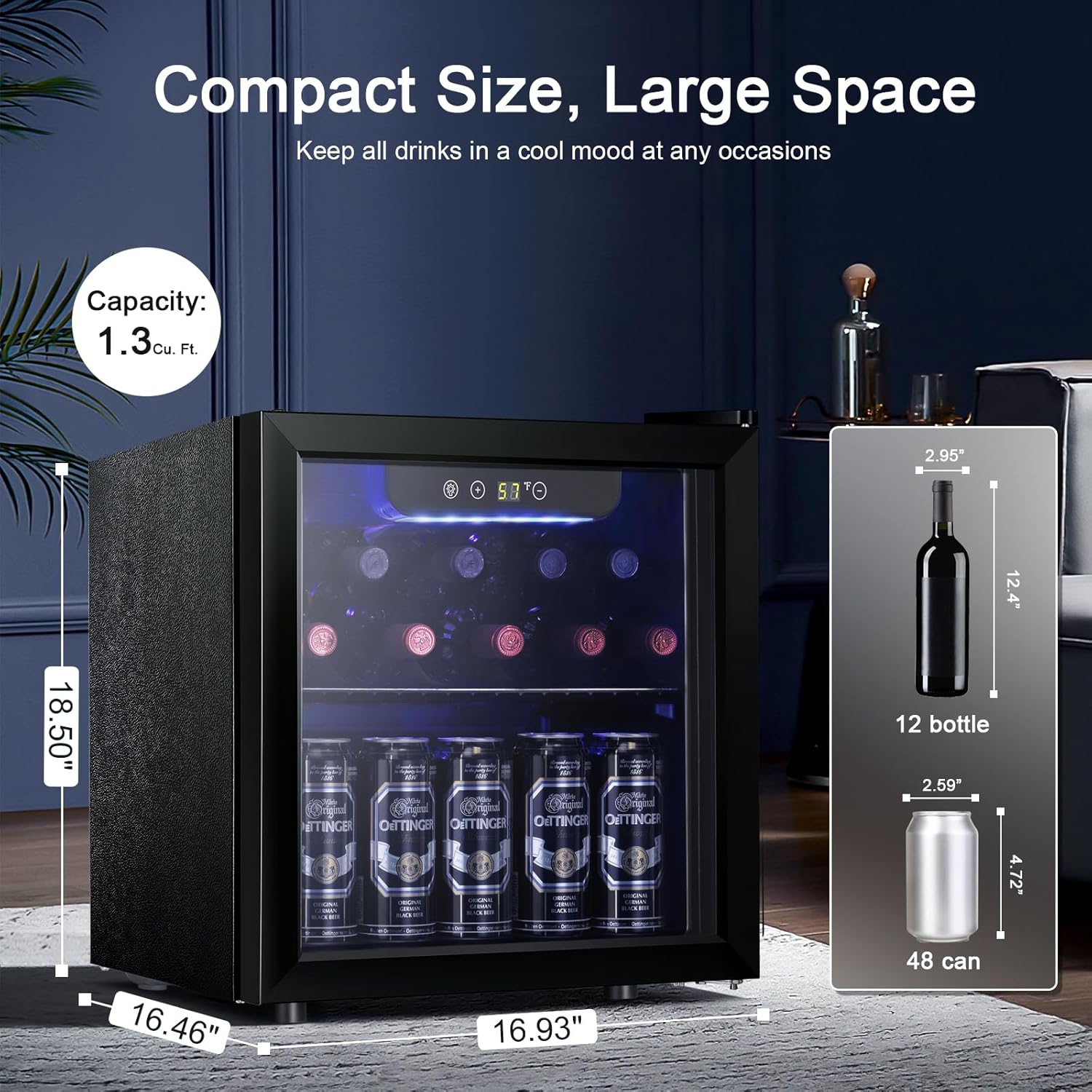 ZAFRO 12 Bottle Wine Cellar - Mini Beverage Fridge for Wine, 48 Can Small Wine Cooler for Home and Bar, Electronic Temperature Knob Control, 1.3 Cu.