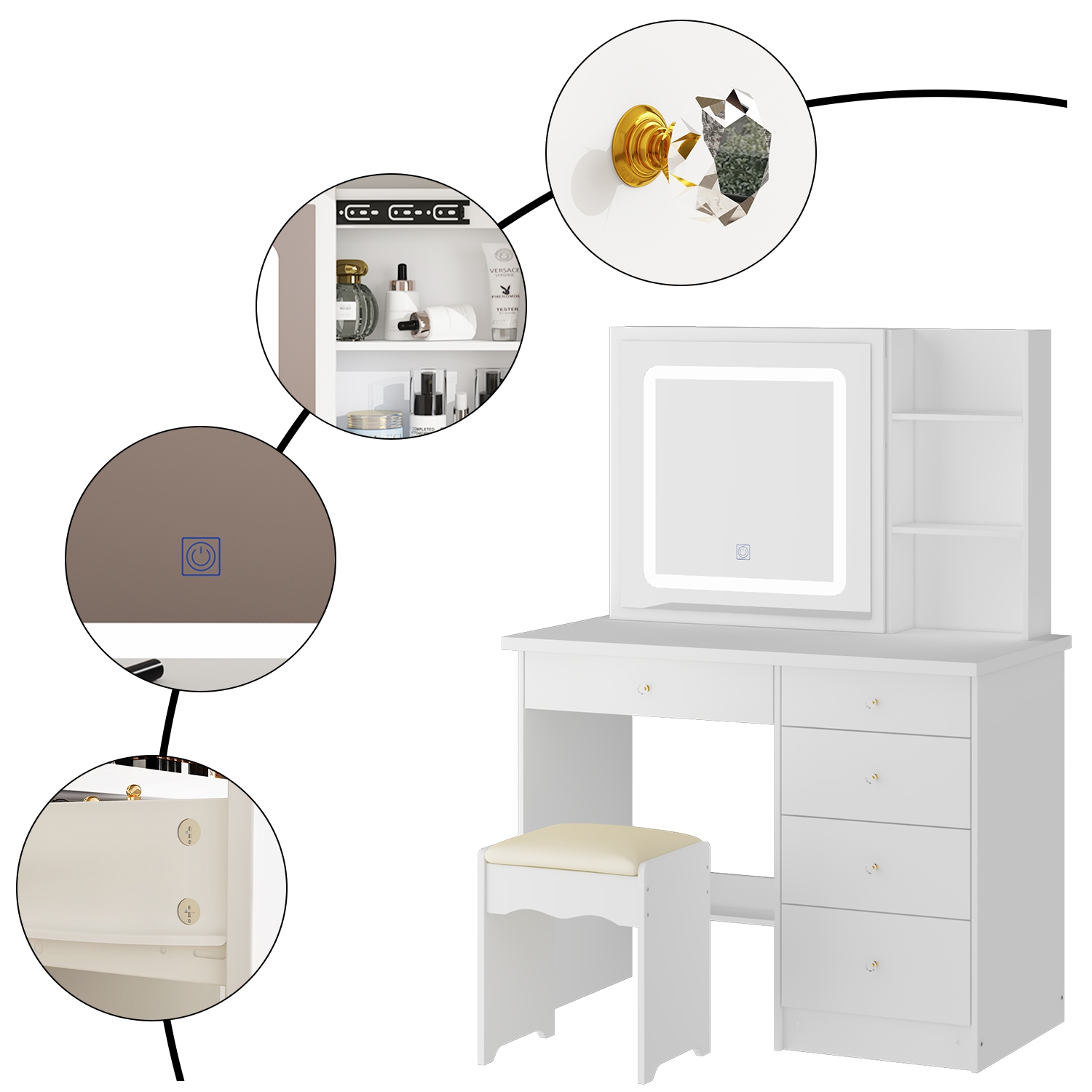 Famapy Vanity Desk Set Makeup Table with Large Sliding Lighted Mirror, Dressing Table with 5 Drawers, Storage Shelves & Cushioned Stool for
