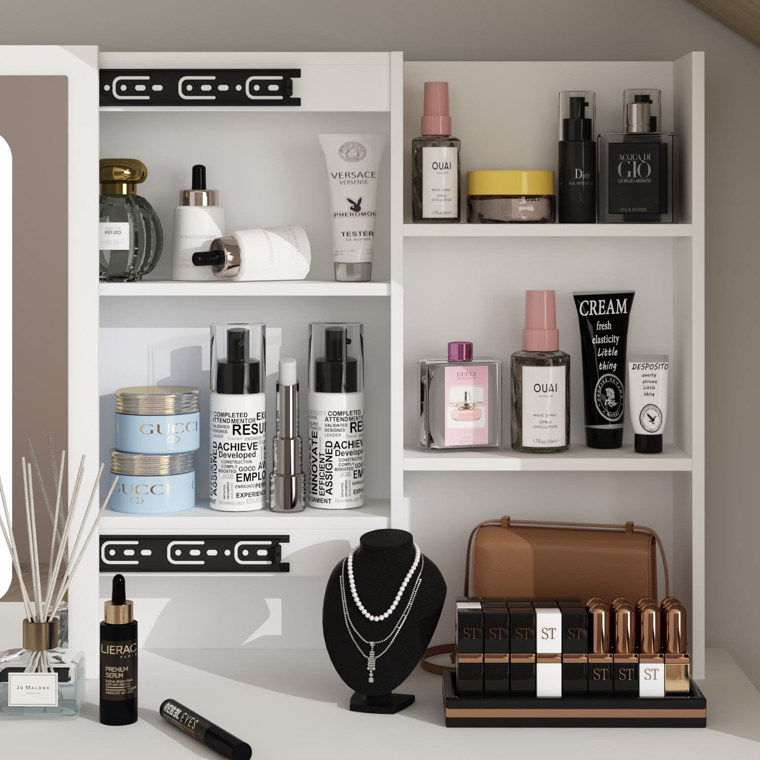 Famapy Vanity Desk Set Makeup Table with Large Sliding Lighted Mirror, Dressing Table with 5 Drawers, Storage Shelves & Cushioned Stool for