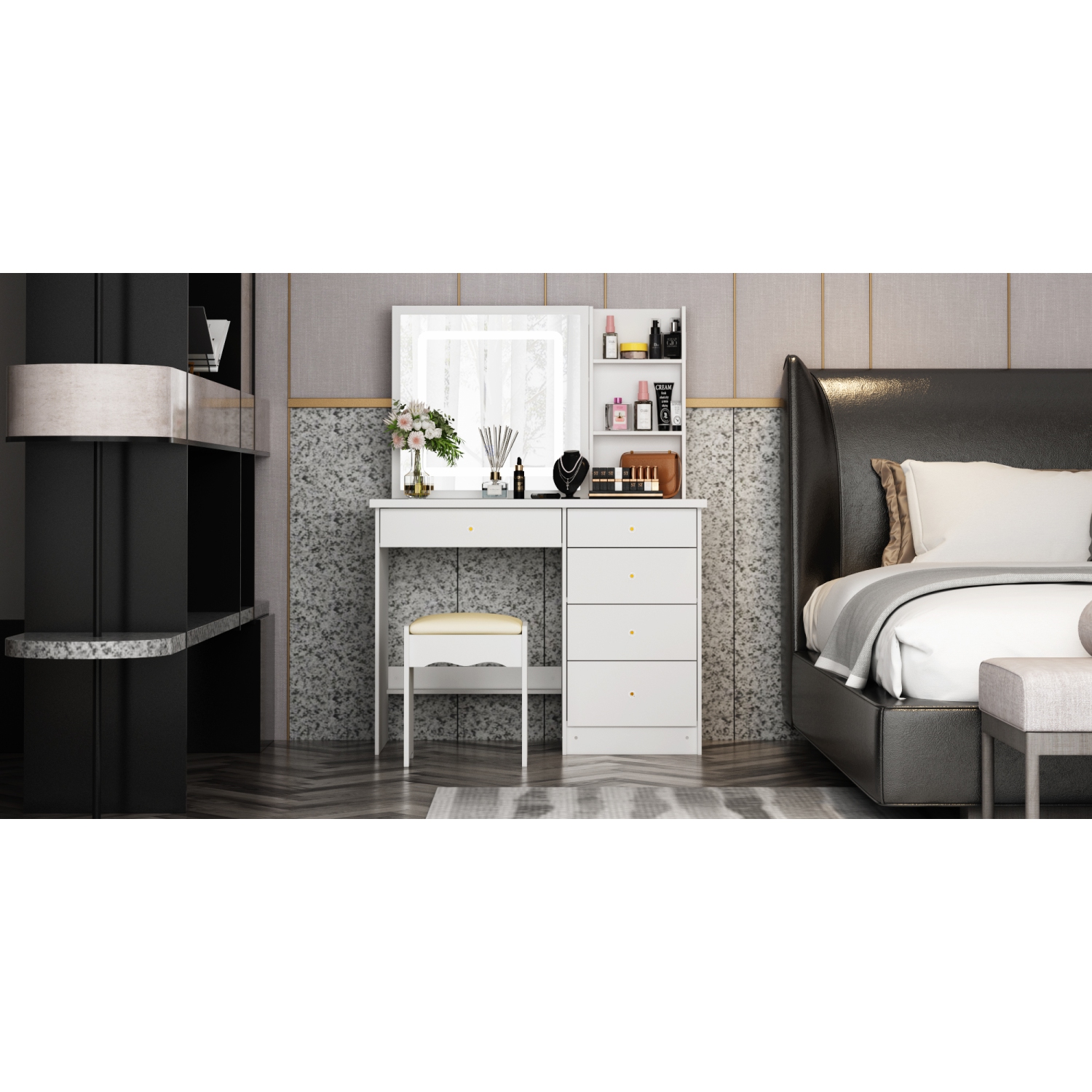 Famapy Vanity Desk Set Makeup Table with Large Sliding Lighted Mirror, Dressing Table with 5 Drawers, Storage Shelves & Cushioned Stool for