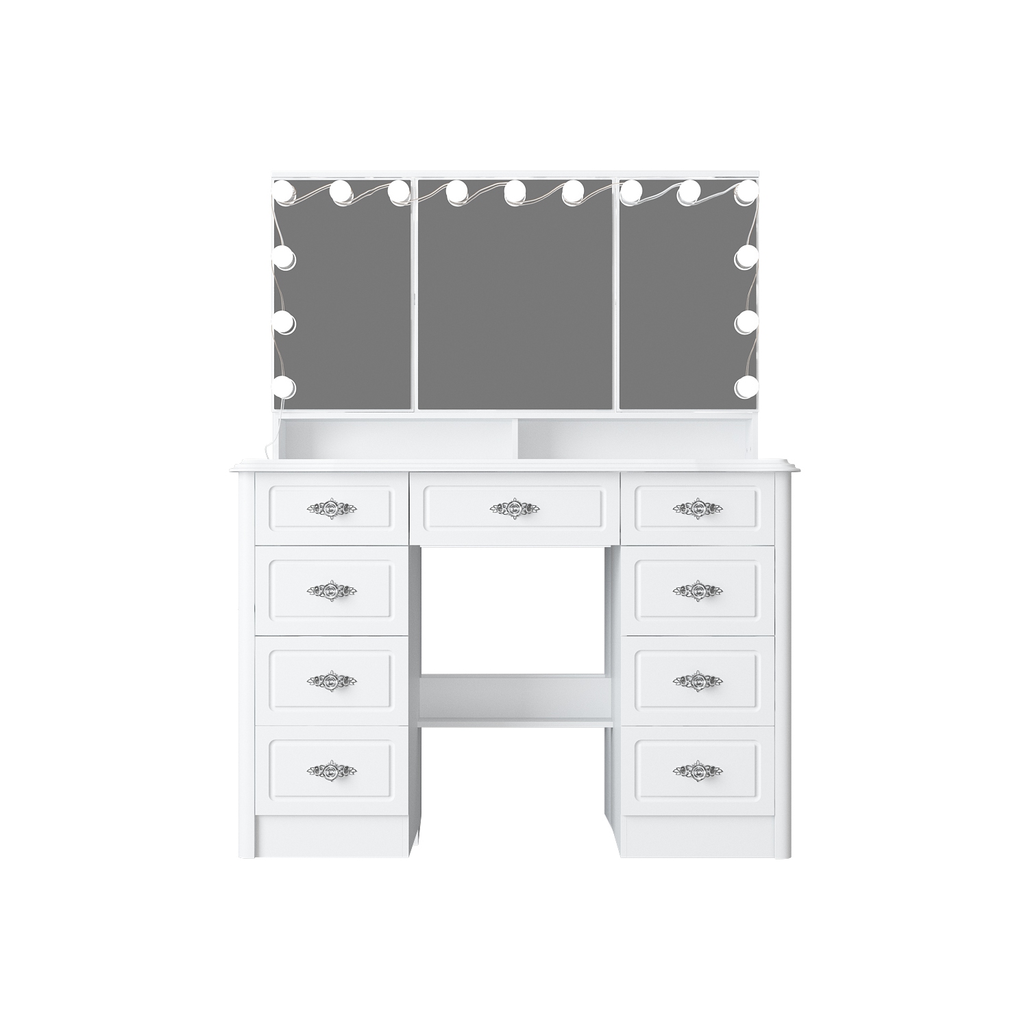 Ensemble bureau-coiffeuse Famapy avec grand miroir éclairé trois couleurs, table à langer avec 9 tiroirs, tablettes de rangement pour chambre à