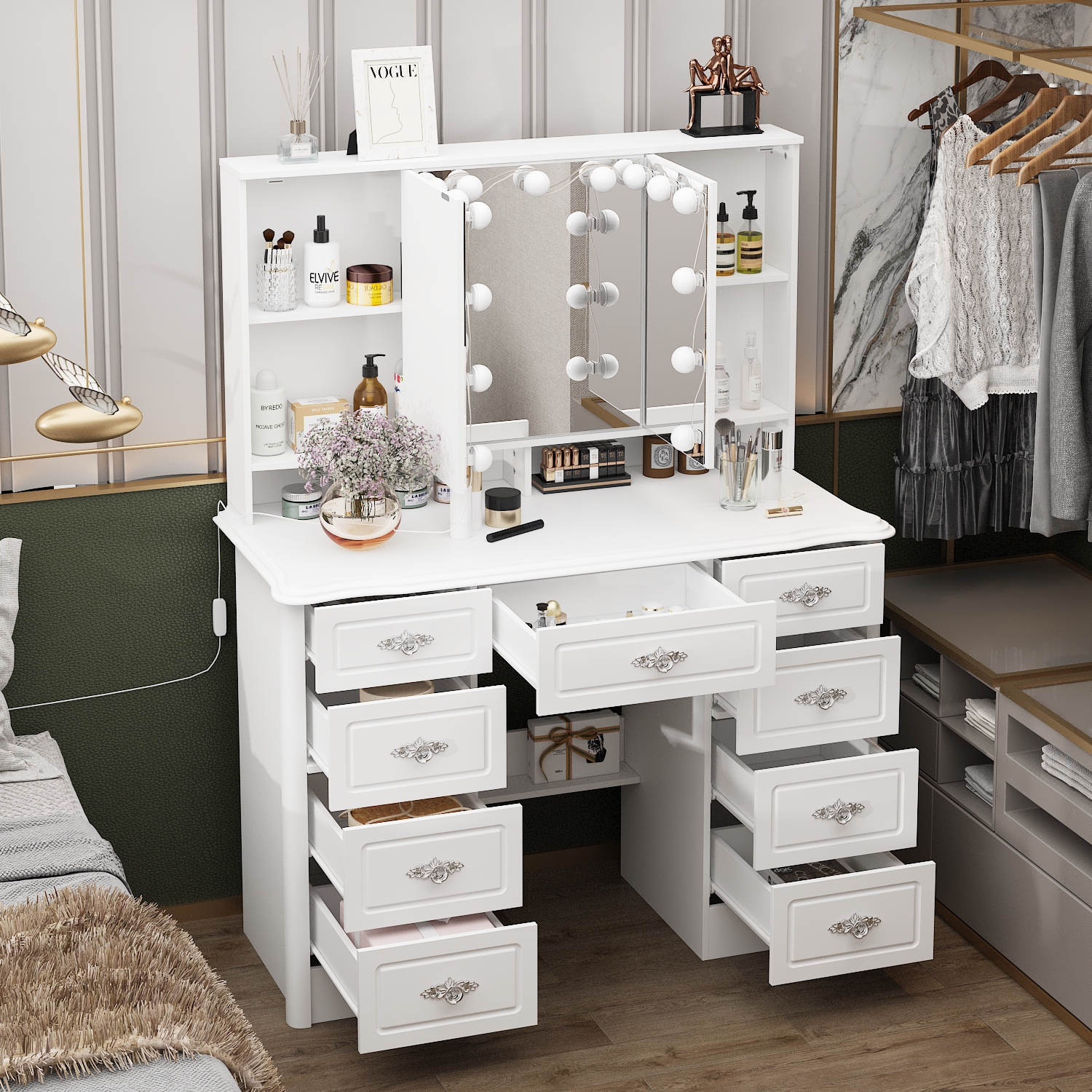 Ensemble bureau-coiffeuse Famapy avec grand miroir éclairé trois couleurs, table à langer avec 9 tiroirs, tablettes de rangement pour chambre à