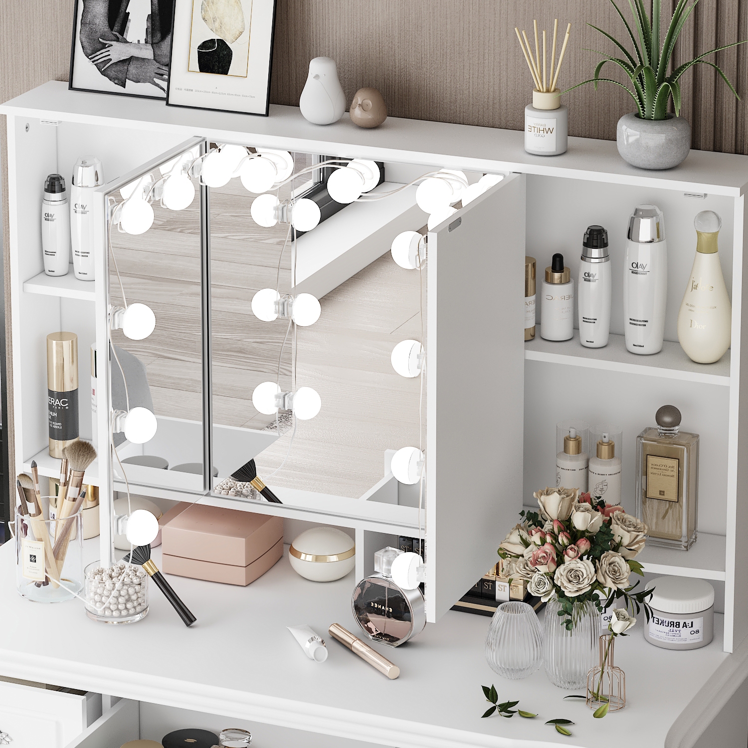 Ensemble bureau-coiffeuse Famapy avec grand miroir éclairé trois couleurs, table à langer avec 9 tiroirs, tablettes de rangement pour chambre à