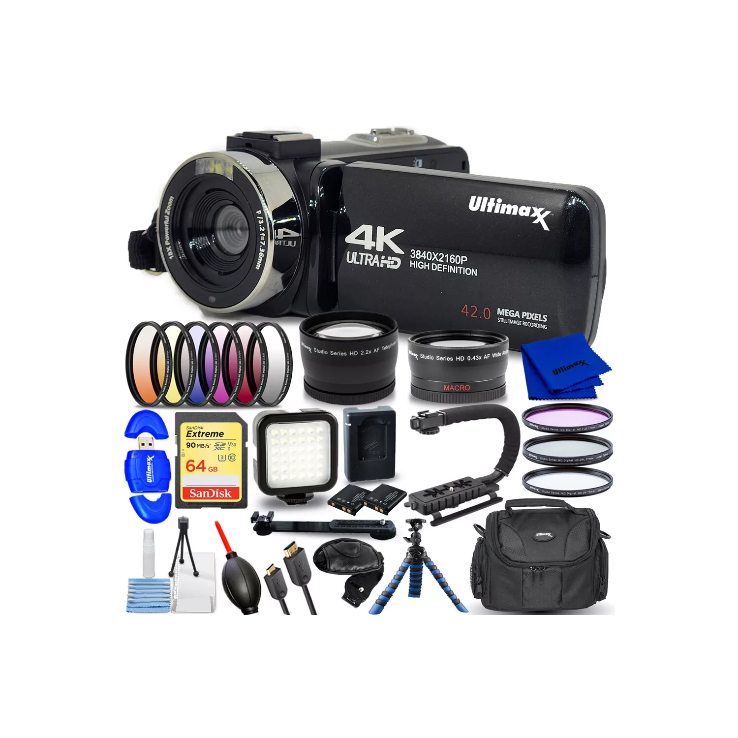 Caméscope 42&nbsp;Mpx Ultra HD 4K d'Ultimaxx avec lampe DEL 15PC pour vidéoclips