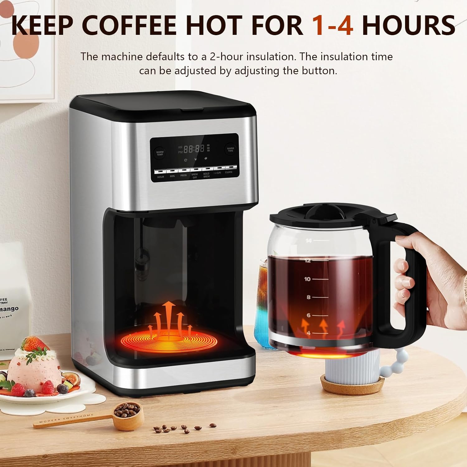 Cafetière ZAFRO, cafetière filtre, carafe en verre de 14 tasses, programmable, infusion différée, maintien au chaud, avec écran tactile, acier