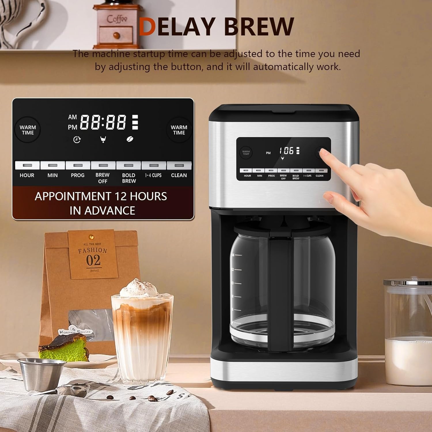 Cafetière ZAFRO, cafetière filtre, carafe en verre de 14 tasses, programmable, infusion différée, maintien au chaud, avec écran tactile, acier