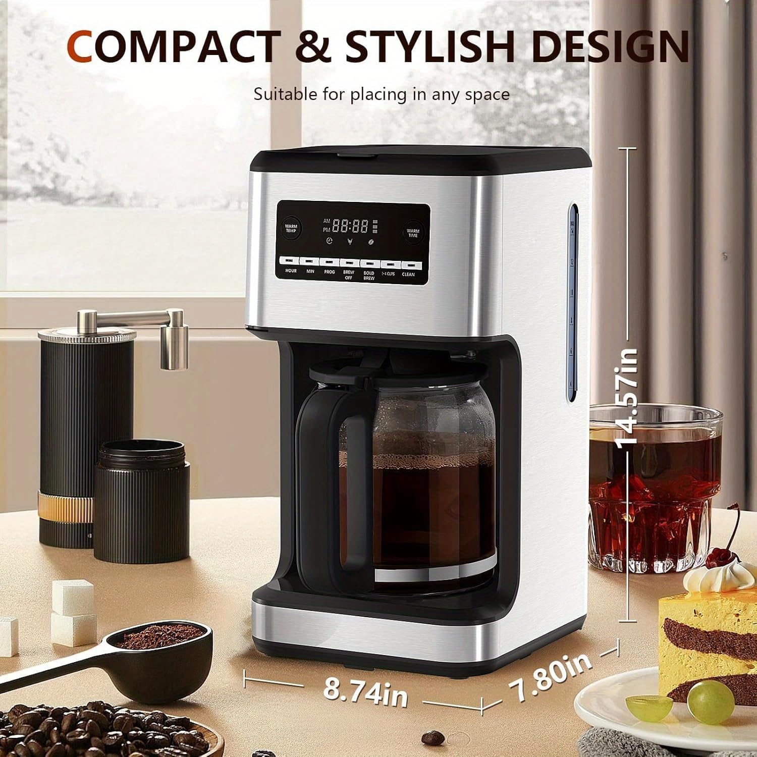 Cafetière ZAFRO, cafetière filtre, carafe en verre de 14 tasses, programmable, infusion différée, maintien au chaud, avec écran tactile, acier