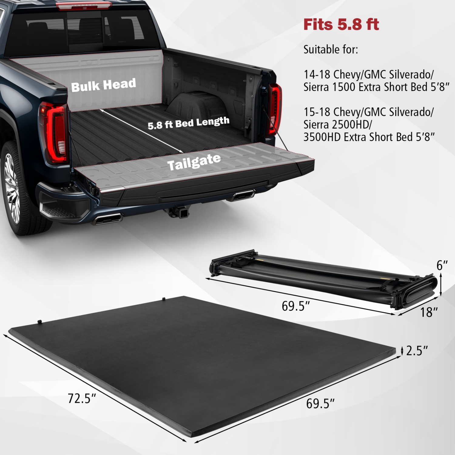 Costway 5.8Ft Soft 4-Fold Tonneau Cover for 14-23 Chevy GMC Silverado Sierra 1500