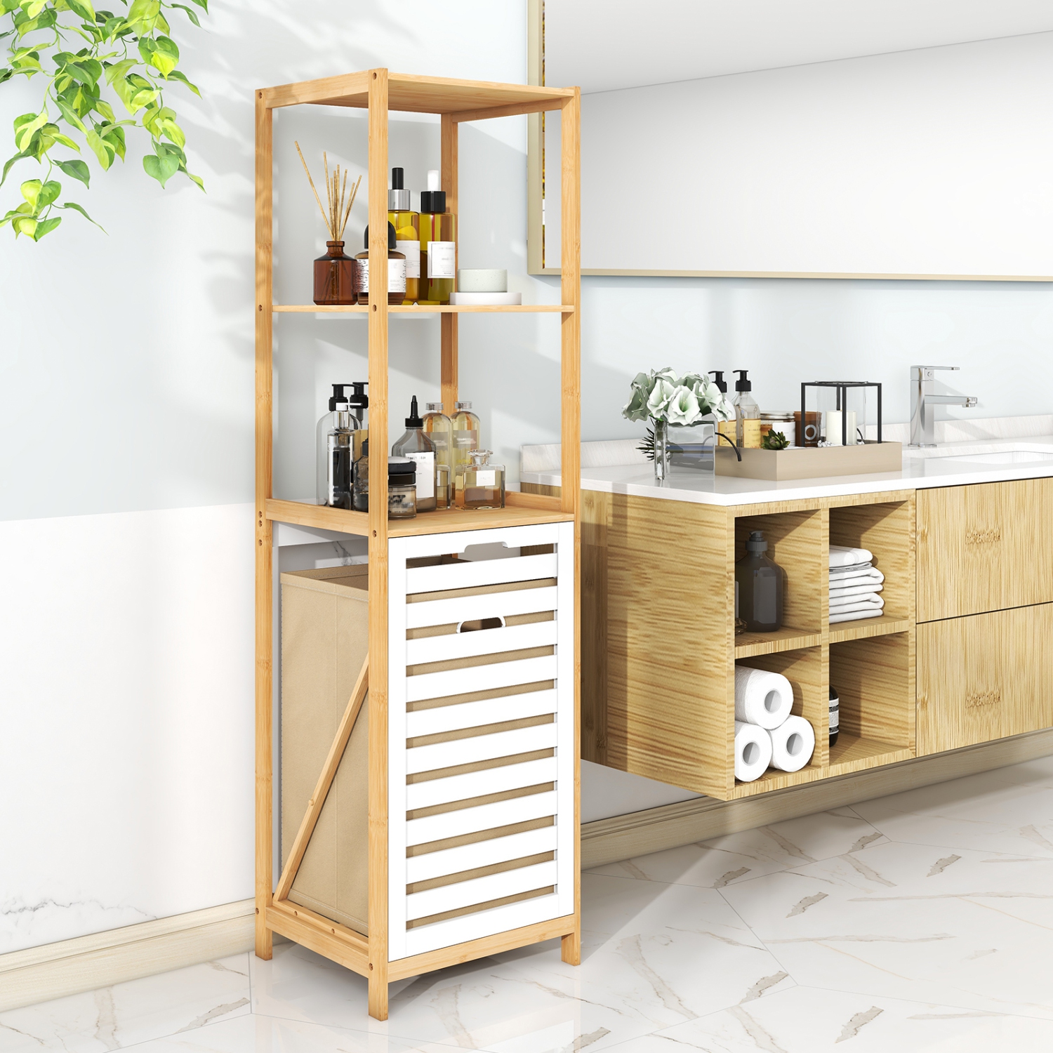 Panier à linge inclinable de Costway avec doublure amovible légère à 3 tablettes