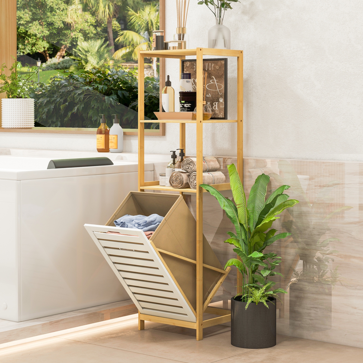 Panier à linge inclinable de Costway avec doublure amovible légère à 3 tablettes