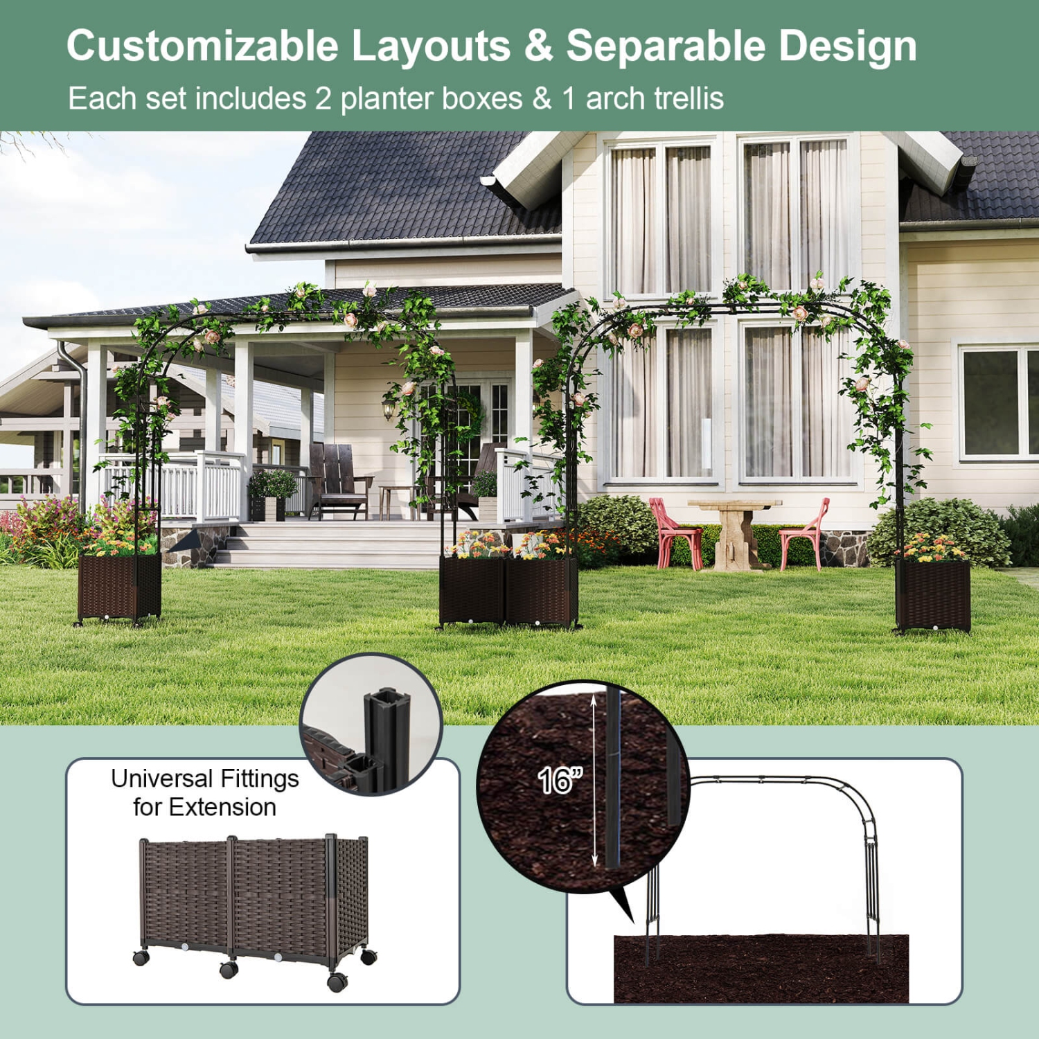 Tonnelle de jardin en métal de 6,6 pi avec 2 jardinières de jardin surélevées Arch Trellis d'extérieur de Costway