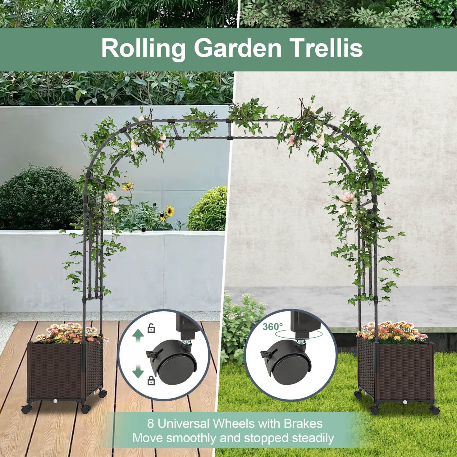 Tonnelle de jardin en métal de 6,6 pi avec 2 jardinières de jardin surélevées Arch Trellis d'extérieur de Costway