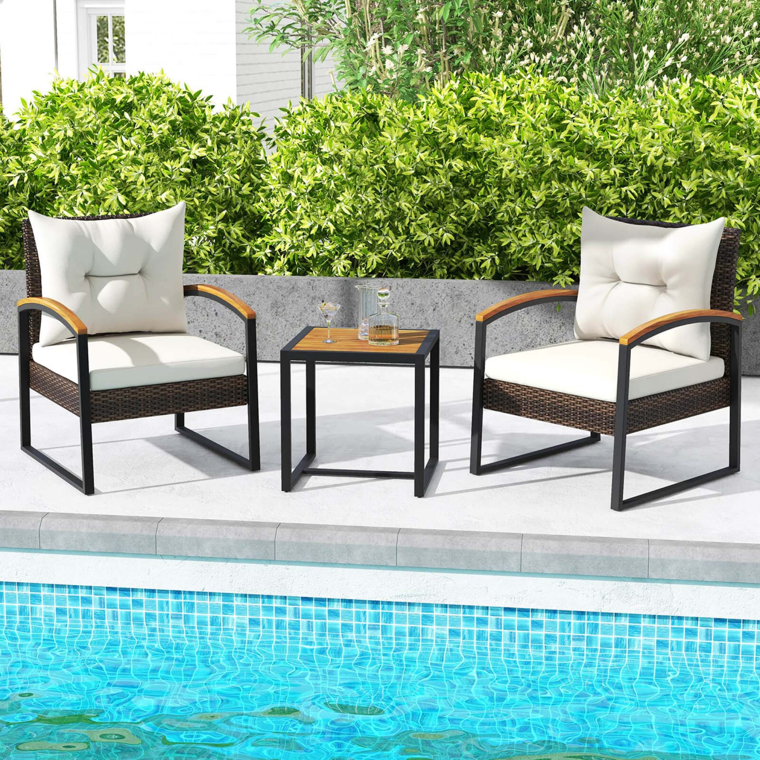 Costway 3 PCS Patio Conversation Set with Coffee Table Solid Acacia Wood Armrests Tabletop