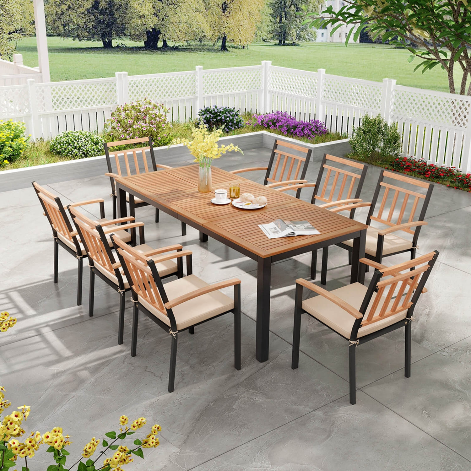 Costway 9 PCS Outdoor Dining Table & Chairs Set Table with Acacia Wood Top Umbrella Hole