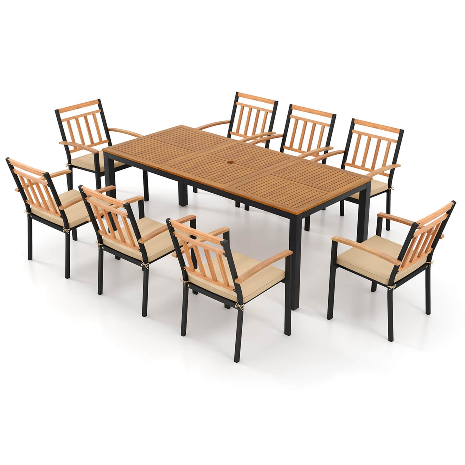 Costway 9 PCS Outdoor Dining Table & Chairs Set Table with Acacia Wood Top Umbrella Hole