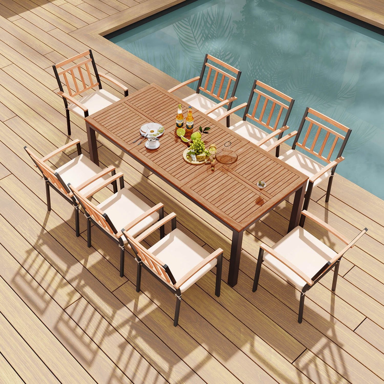 Costway 9 PCS Outdoor Dining Table & Chairs Set Table with Acacia Wood Top Umbrella Hole
