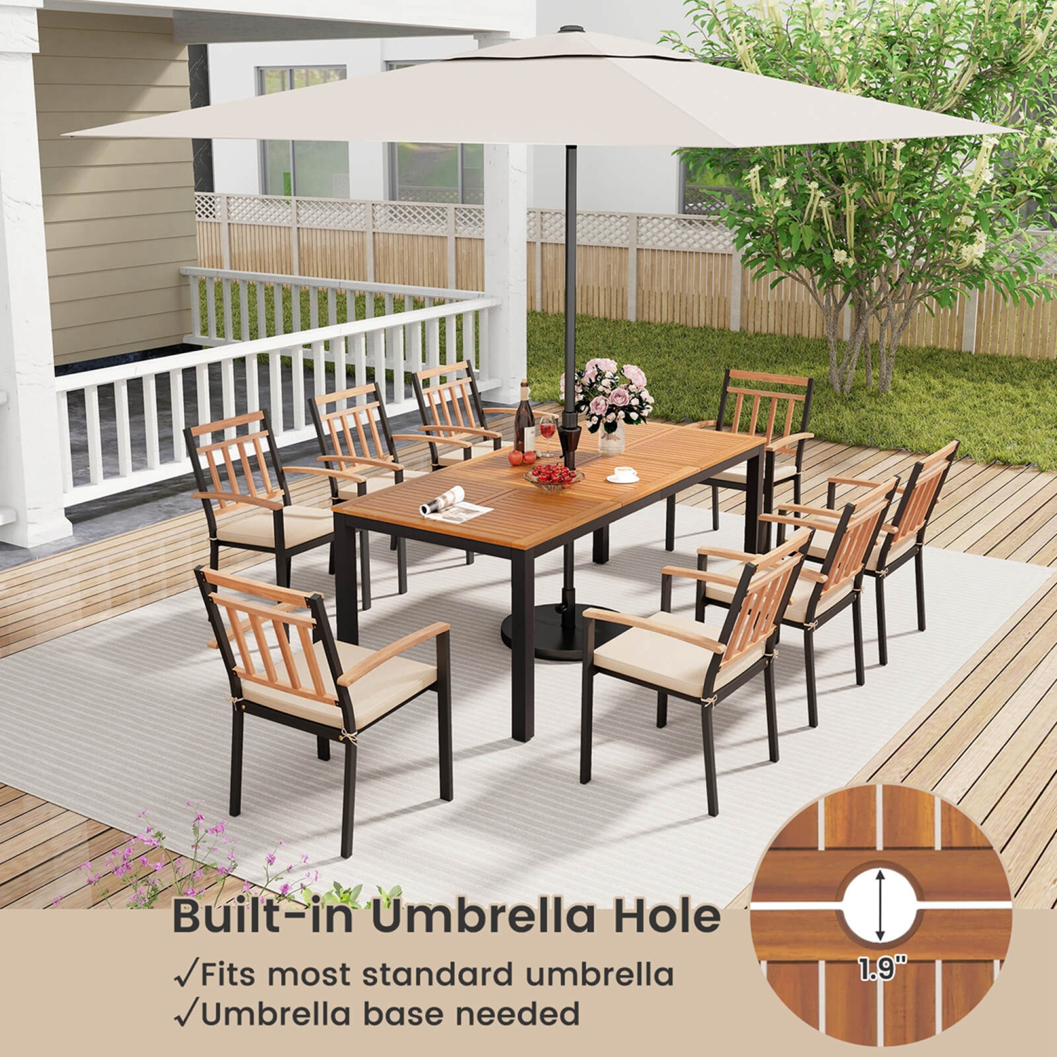 Costway 9 PCS Outdoor Dining Table & Chairs Set Table with Acacia Wood Top Umbrella Hole