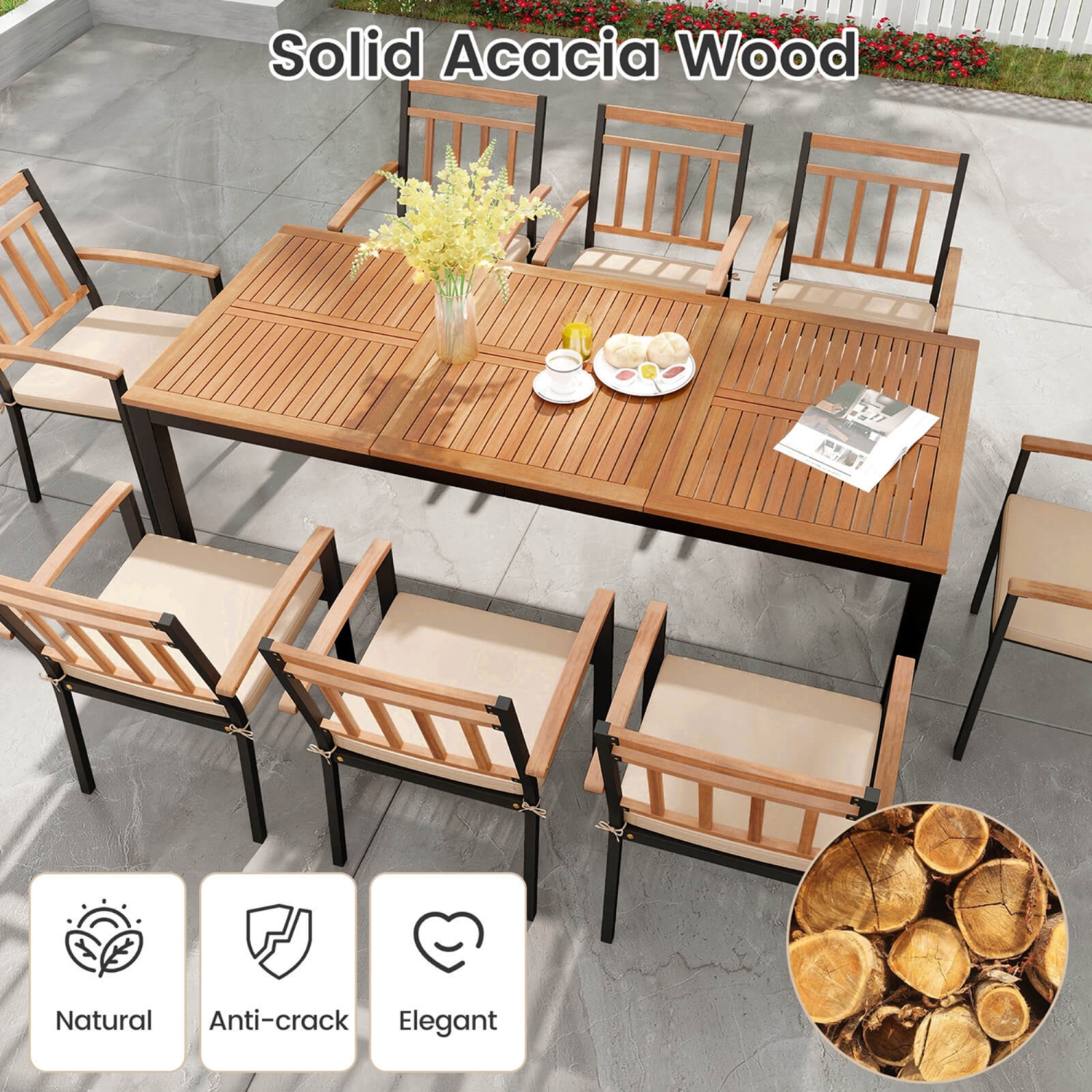 Costway 9 PCS Outdoor Dining Table & Chairs Set Table with Acacia Wood Top Umbrella Hole
