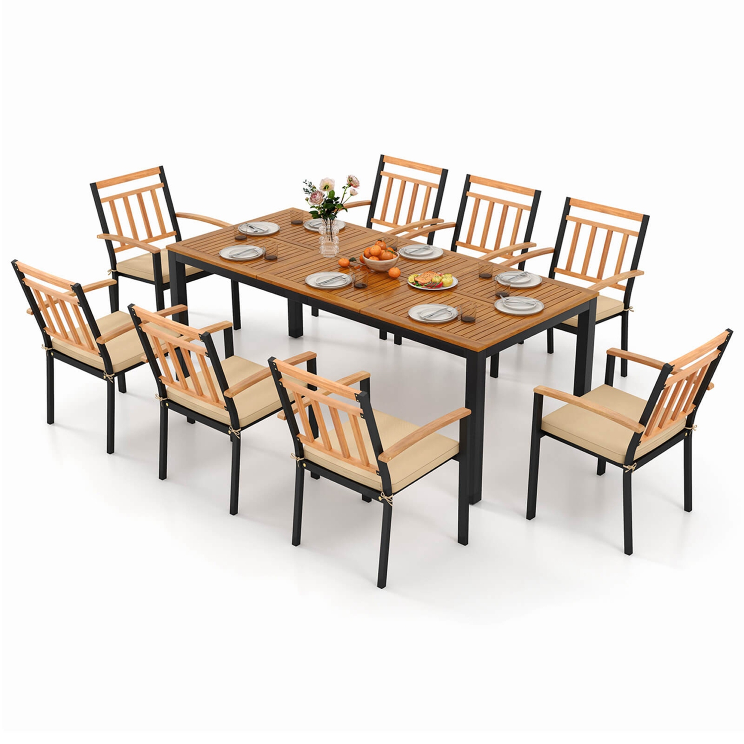 Costway 9 PCS Outdoor Dining Table & Chairs Set Table with Acacia Wood Top Umbrella Hole