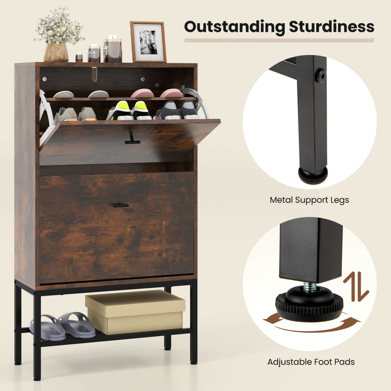 Meuble de rangement industriel pour chaussures de Costway avec 2 tiroirs rabattables et 1 tablettes inférieures en métal