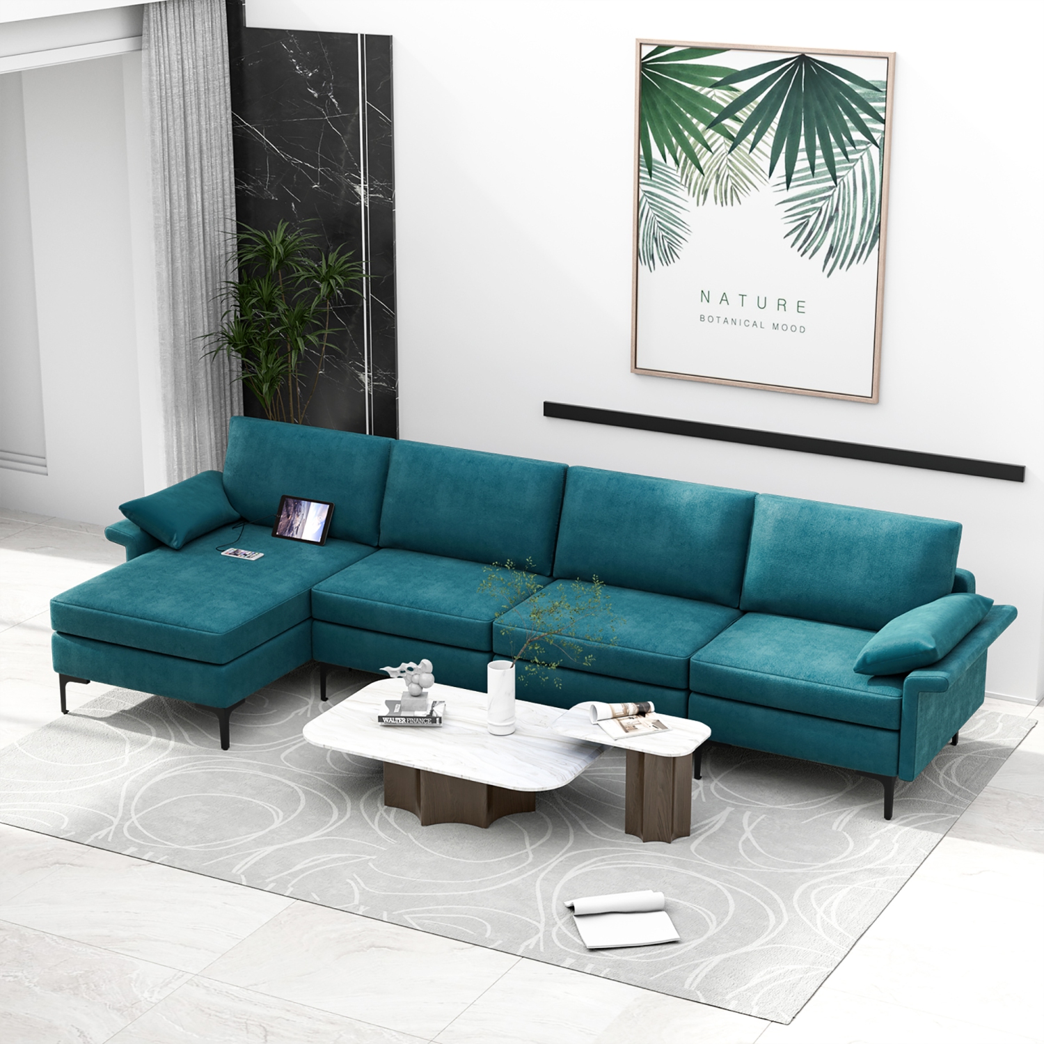 Costway Modern Modular L-shaped Sectional Sofa w/ Reversible Chaise & 2 USB Ports