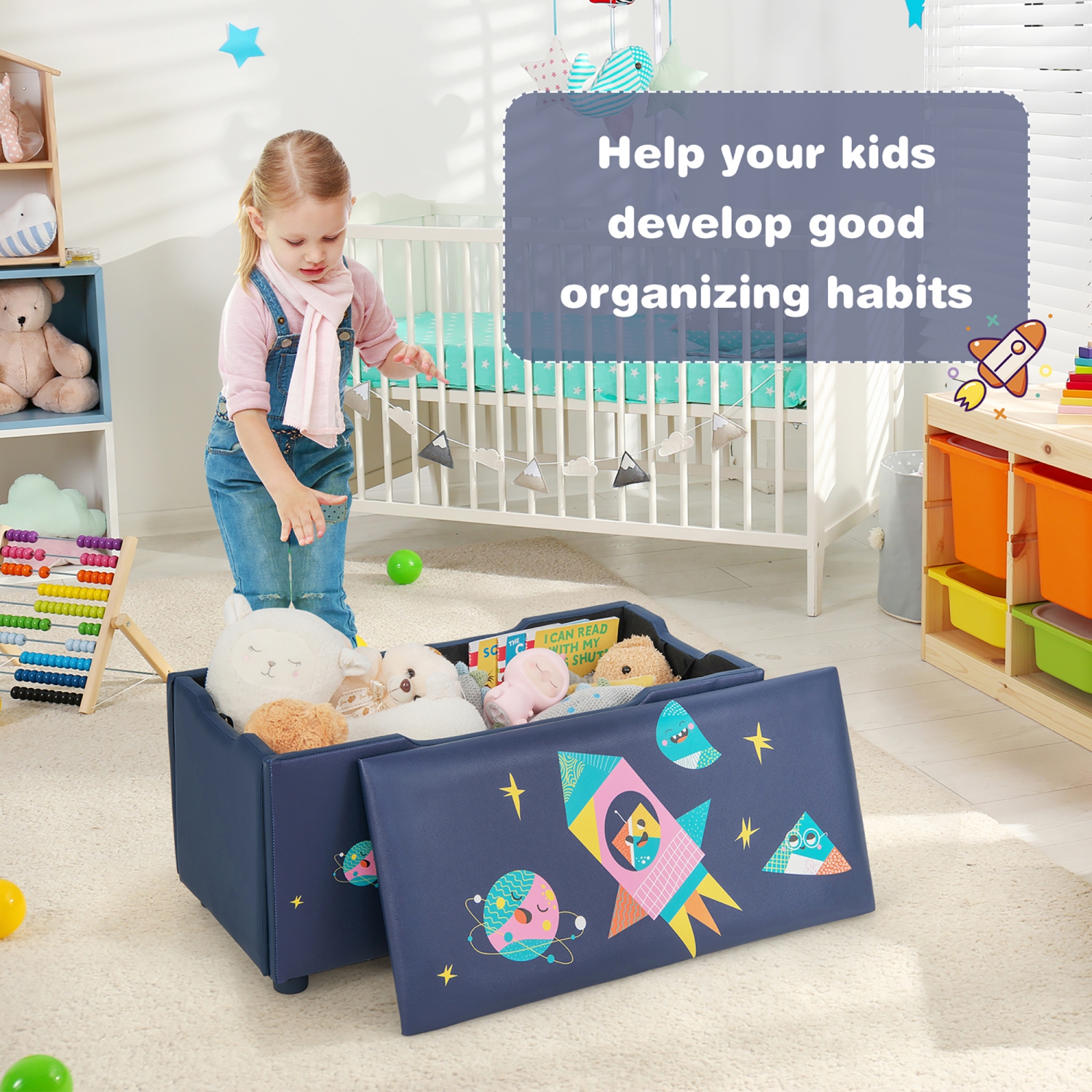 Pouf de rangement recouvert avec couvercle pour enfants de Costway