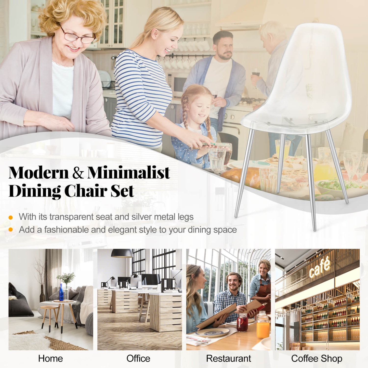 Ensemble de 4 chaises de salle à manger robustes avec pattes en métal électroplaquées sans accoudoirs