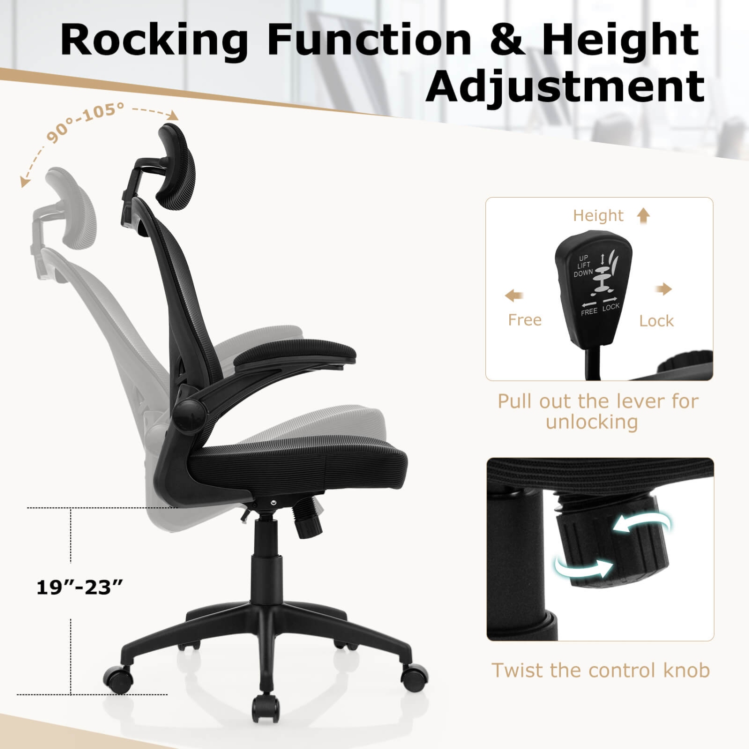 Fauteuil de bureau ergonomique en filet avec hauteur réglable de Costway - Noir