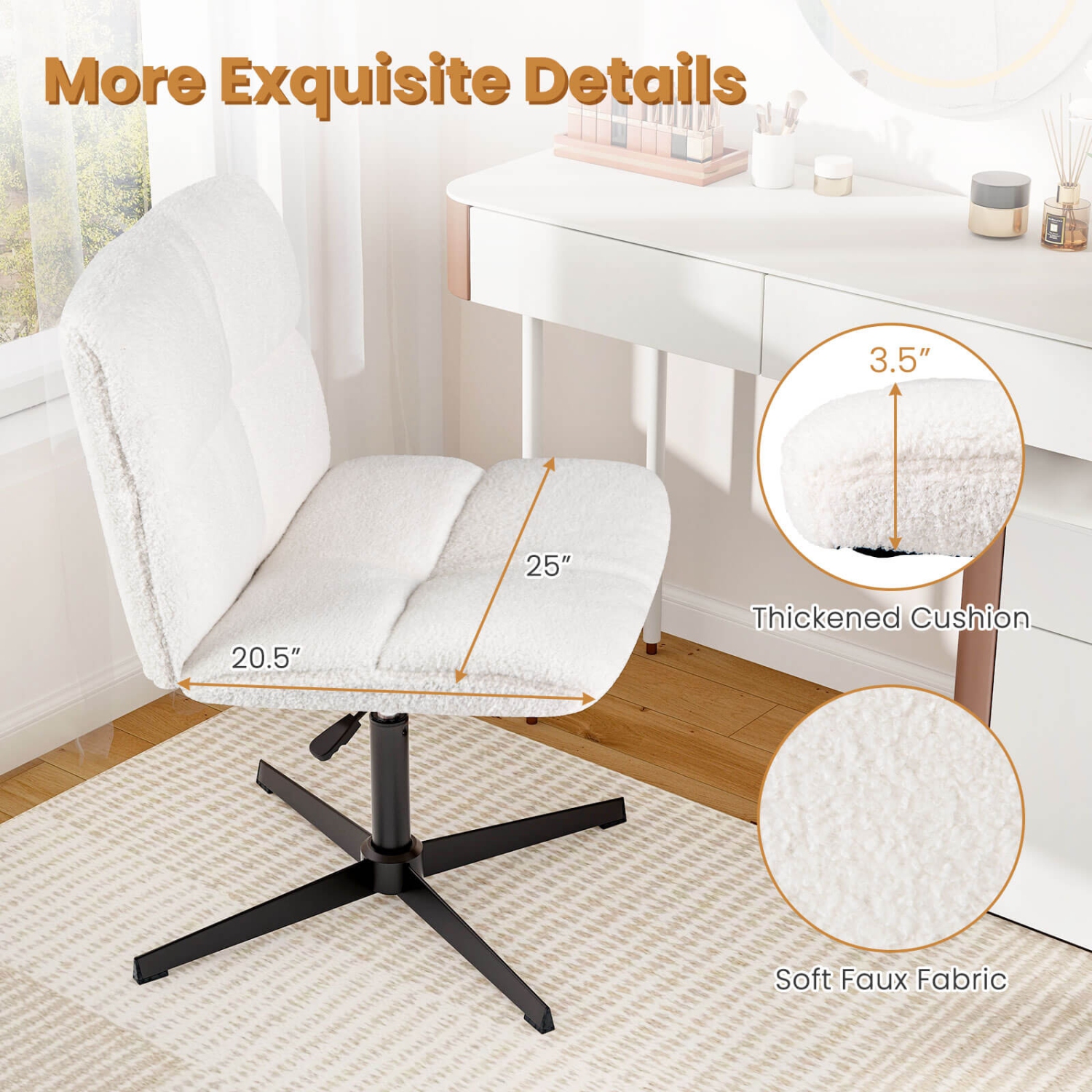 Chaise de bureau sans accoudoirs de Costway avec hauteur réglable, rotation à 360°. Etude en faux tissu doux