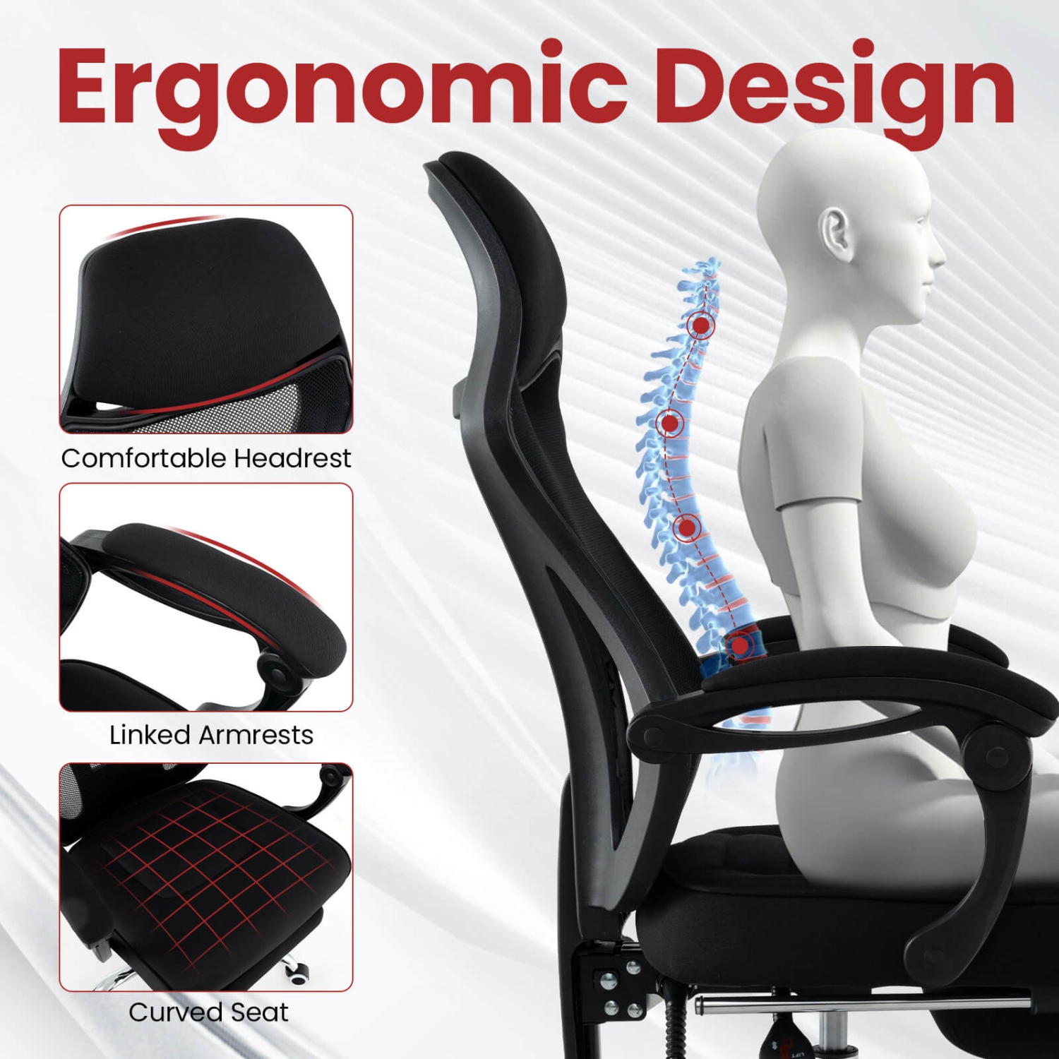 Fauteuil de bureau ergonomique en filet avec repose-pieds à hauteur réglable et dossier inclinable de Costway