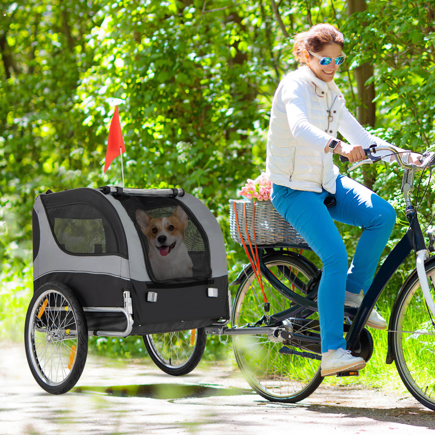 Chariot pliable pour chiens de remorque de Costway avec 3 entrées pour le voyage